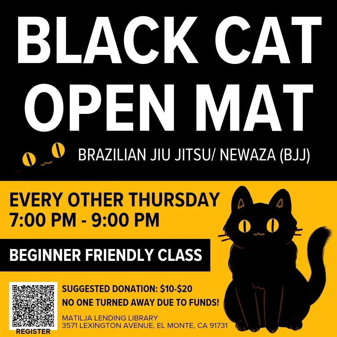 Discover Brazilian Jiu-Jitsu with Black Cat Open Mat sessions led by Fernando Rios, fostering a supportive, inclusive community. Aimed at BIPOC and LGBTQ+ adults of all levels, these sessions offer a respectful training environment. Donations suggest