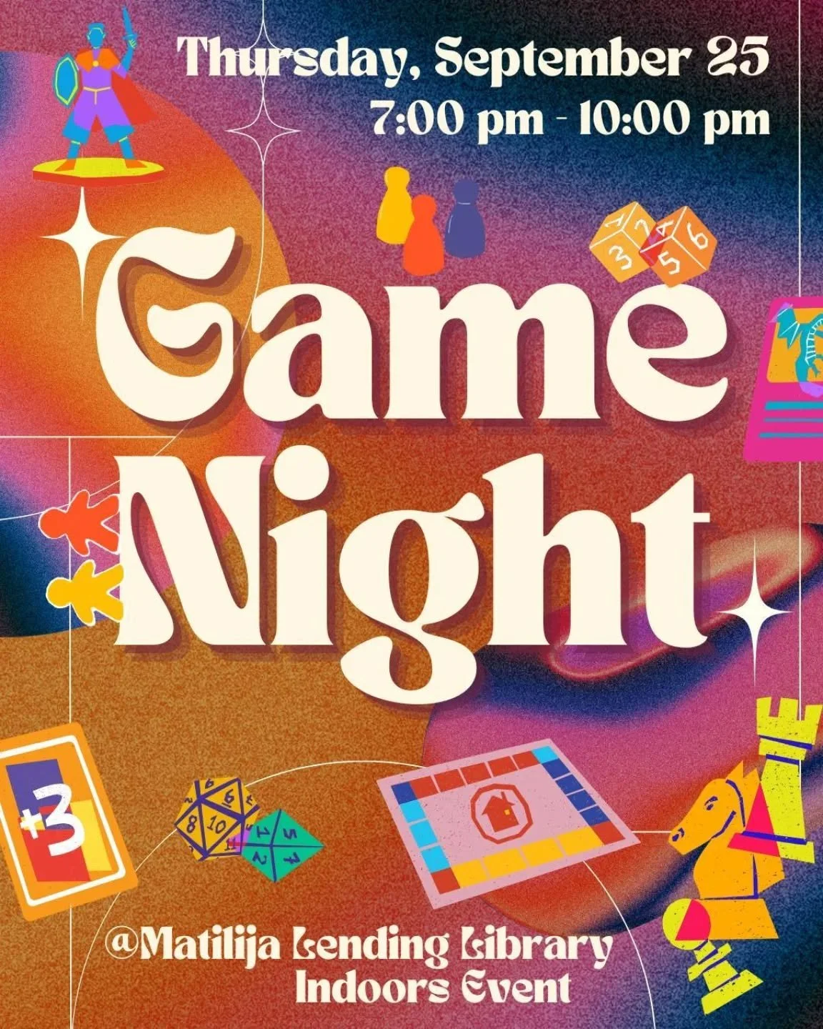 Join us for Game Night at Matilija Lending Library on Thursday September 25 from 7 pm to 10 pm. 
We will have a mix of classic and new board games and mahjong. Whether you are competitive or just want to relax and connect with others, this is a chan