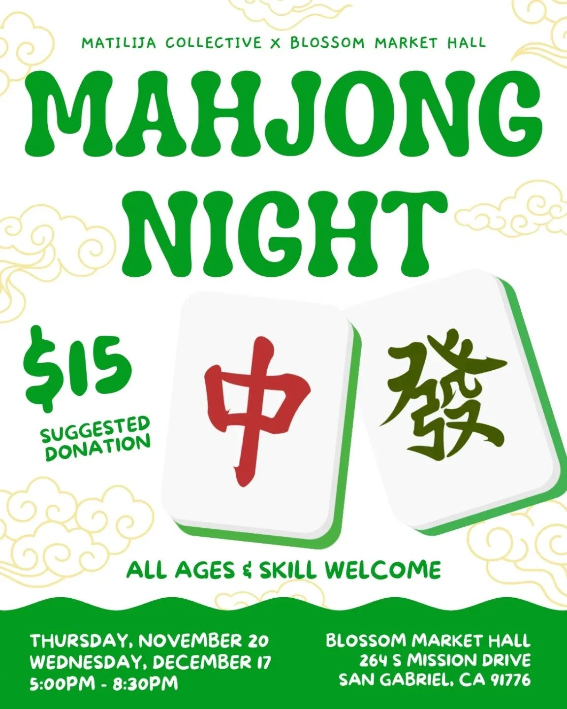 Join us for Mahjong Night at Blossom Market Hall with Matilija Collective. Come play, learn, or just enjoy the company. Whether you're a beginner or experienced player, everyone is welcome. There will be mahjong sets and mats. You're welcome to bring