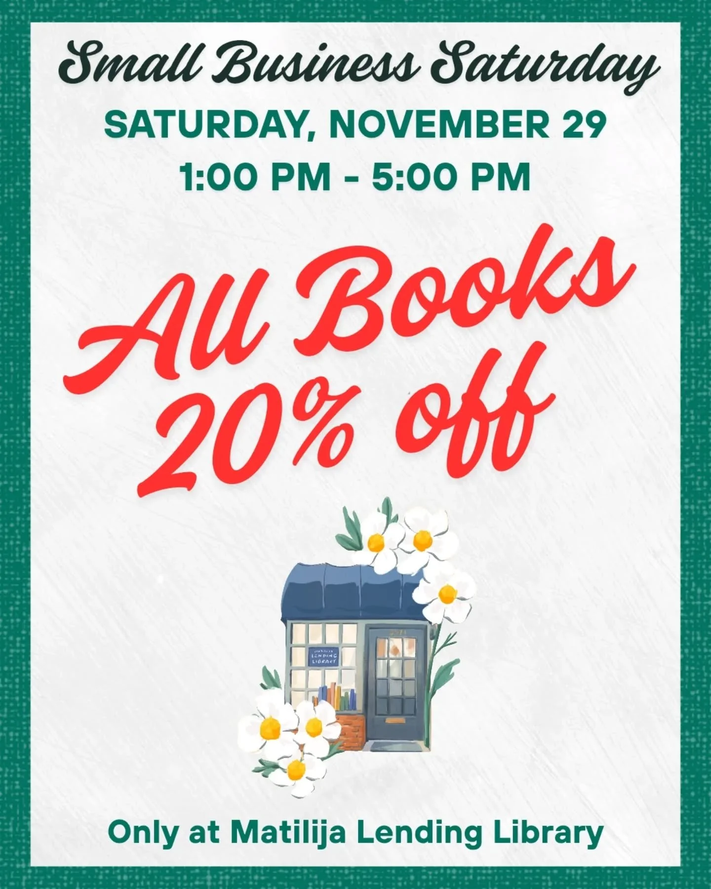 It&rsquo;s Small Business Saturday! Support small businesses like ours by shopping local. At Matilija Lending Library only, all books are 20% off today.

We know we&rsquo;re only open for four hours on Saturdays (1pm&ndash;5pm), so please plan accord