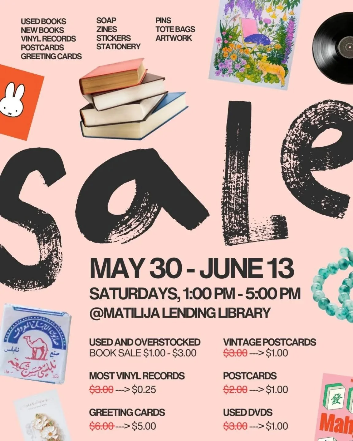 Our Summer Sale is here at Matilija Lending Library from May 30 - June 13 on Saturdays from 1:00 PM - 5:00 PM. 

We&rsquo;ll have used and overstocked books, vinyl records, postcards, greeting cards, artwork, tote bags, pins, zines, stationery, DVDs,