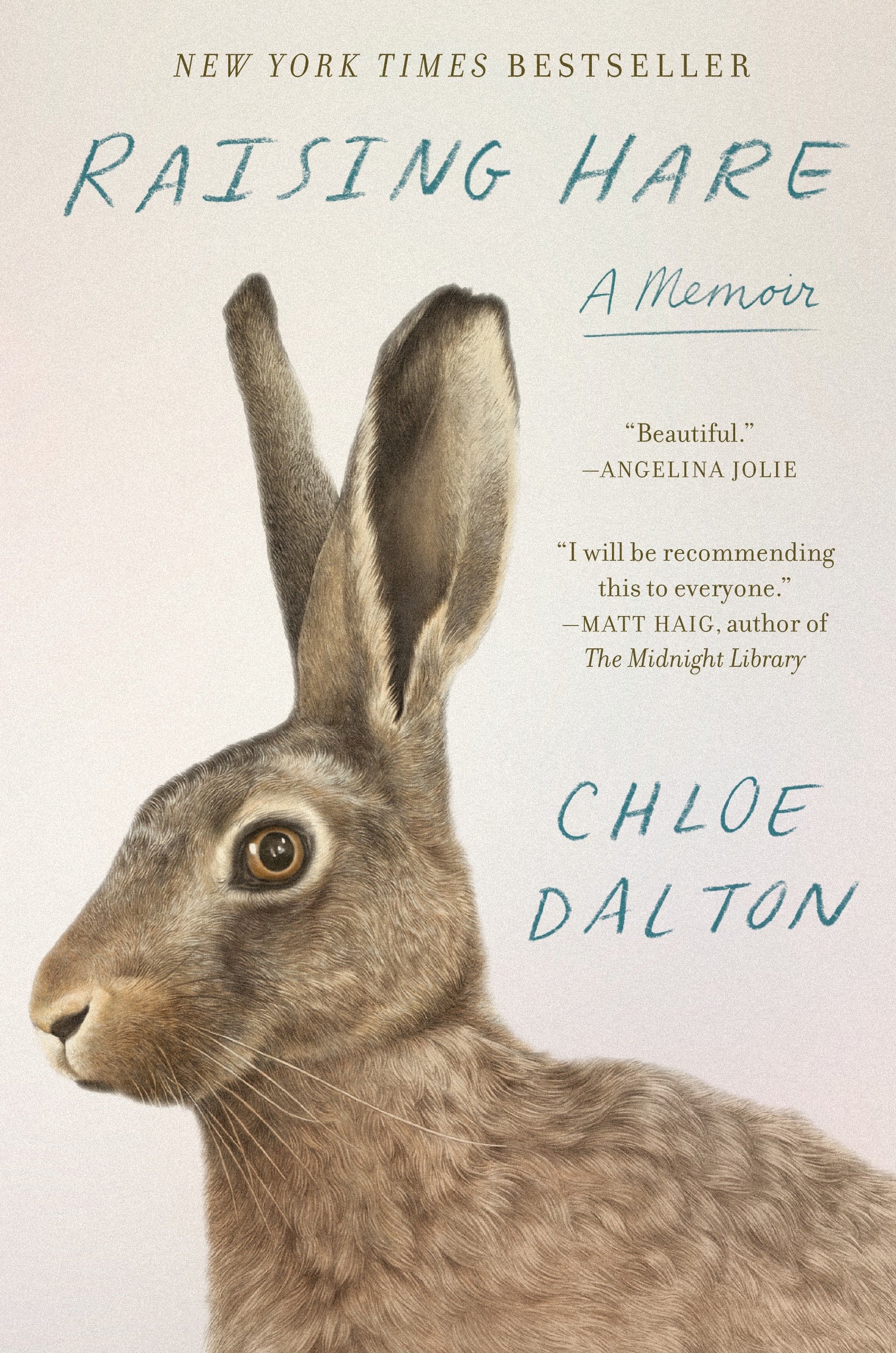 Book cover for 'Raising Hare: A Memoir' by Chloe Dalton. Features a detailed illustration of a hare's head and upper body, with the hare looking to the left. Includes quotes praising the book.