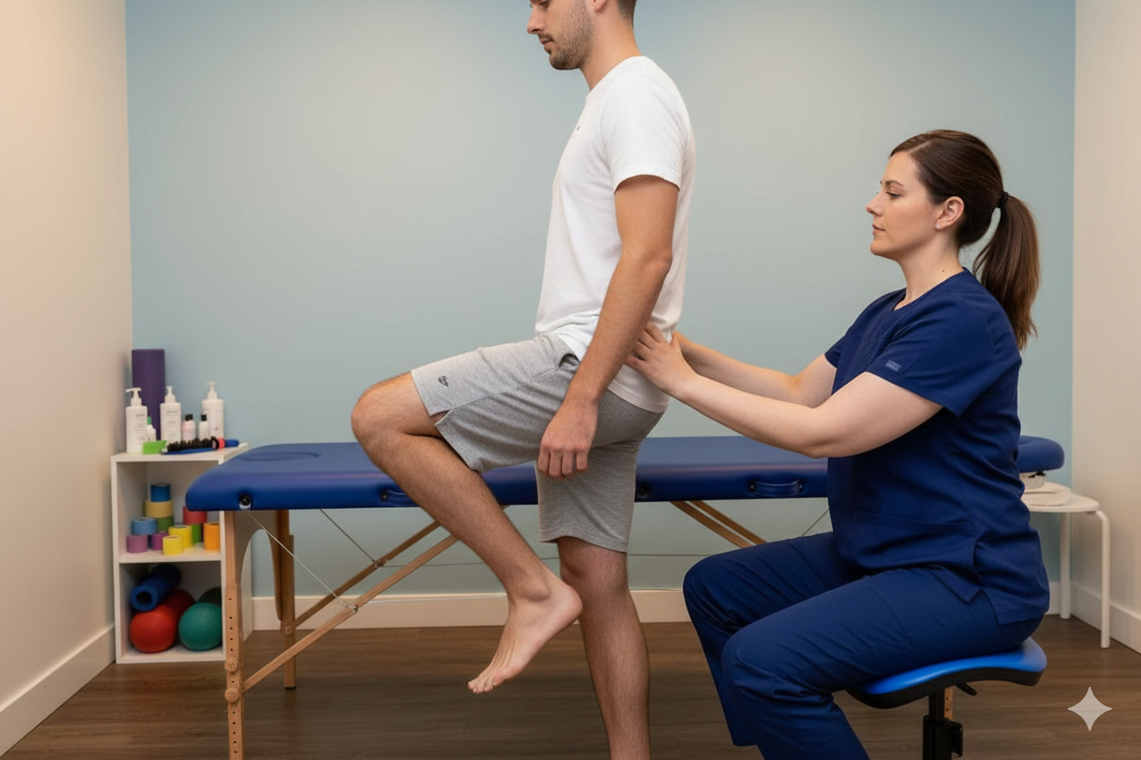 A physical therapist assists a man performing a hip exercise in a therapy room with therapy tools on a shelf.