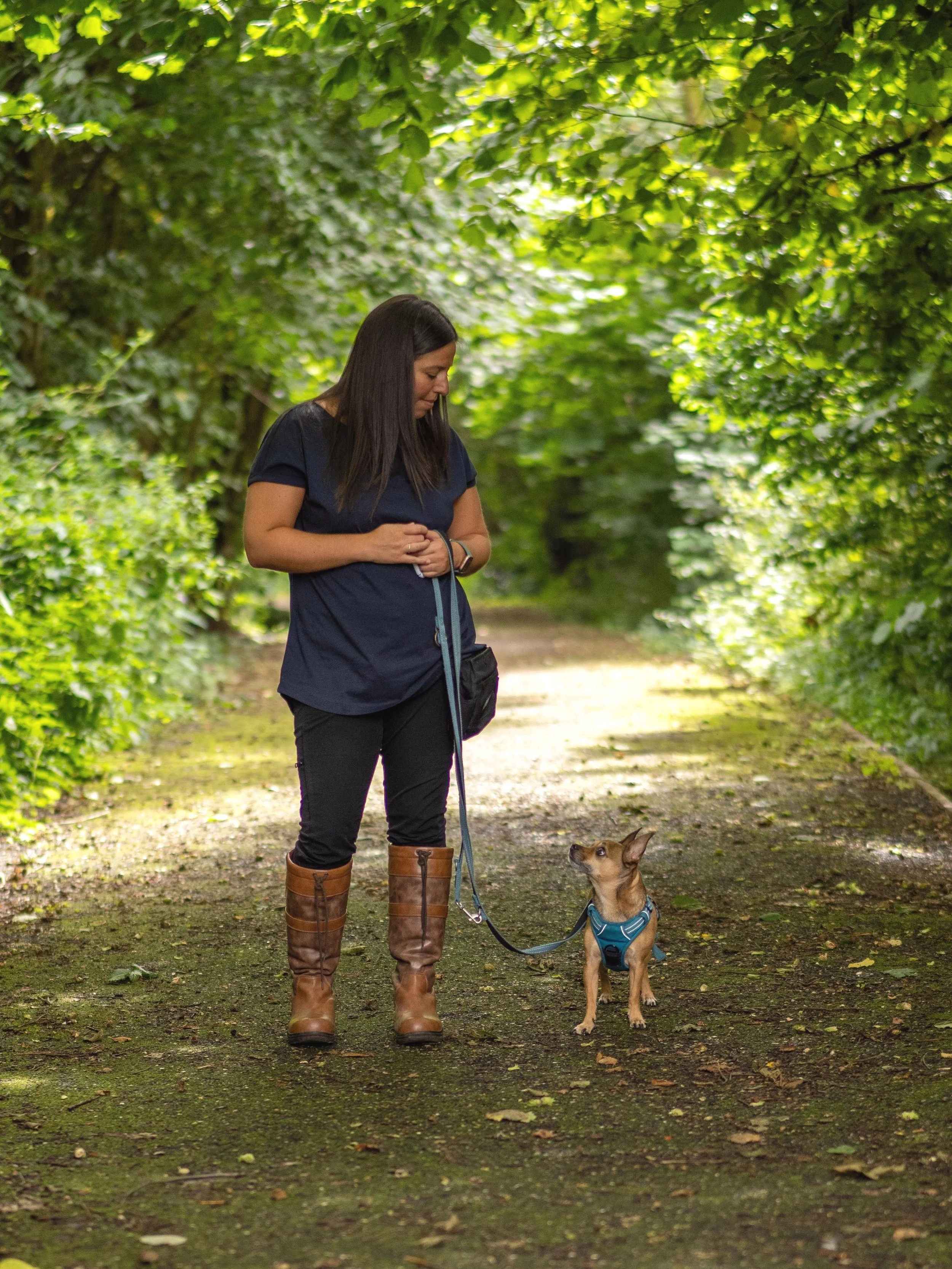 A dog trainer lady walking her small reactive dog on a leash through a lush, green wooded path.