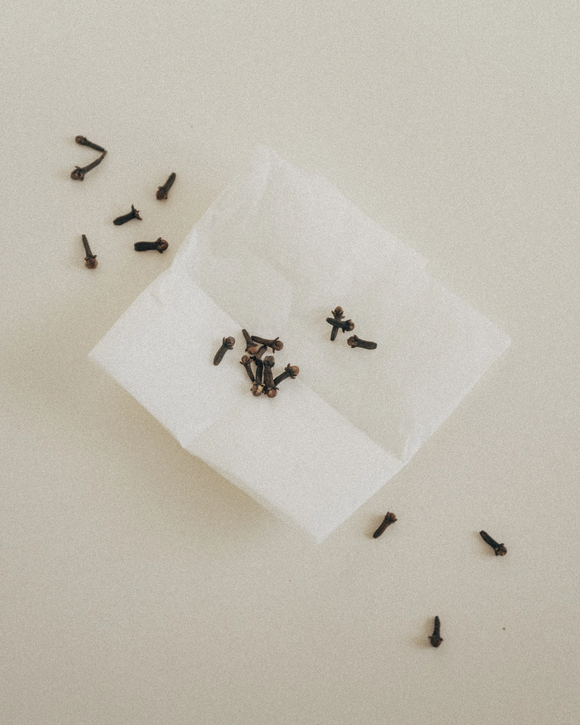 Whole cloves scattered on and around a folded sheet of white paper, seen from above.