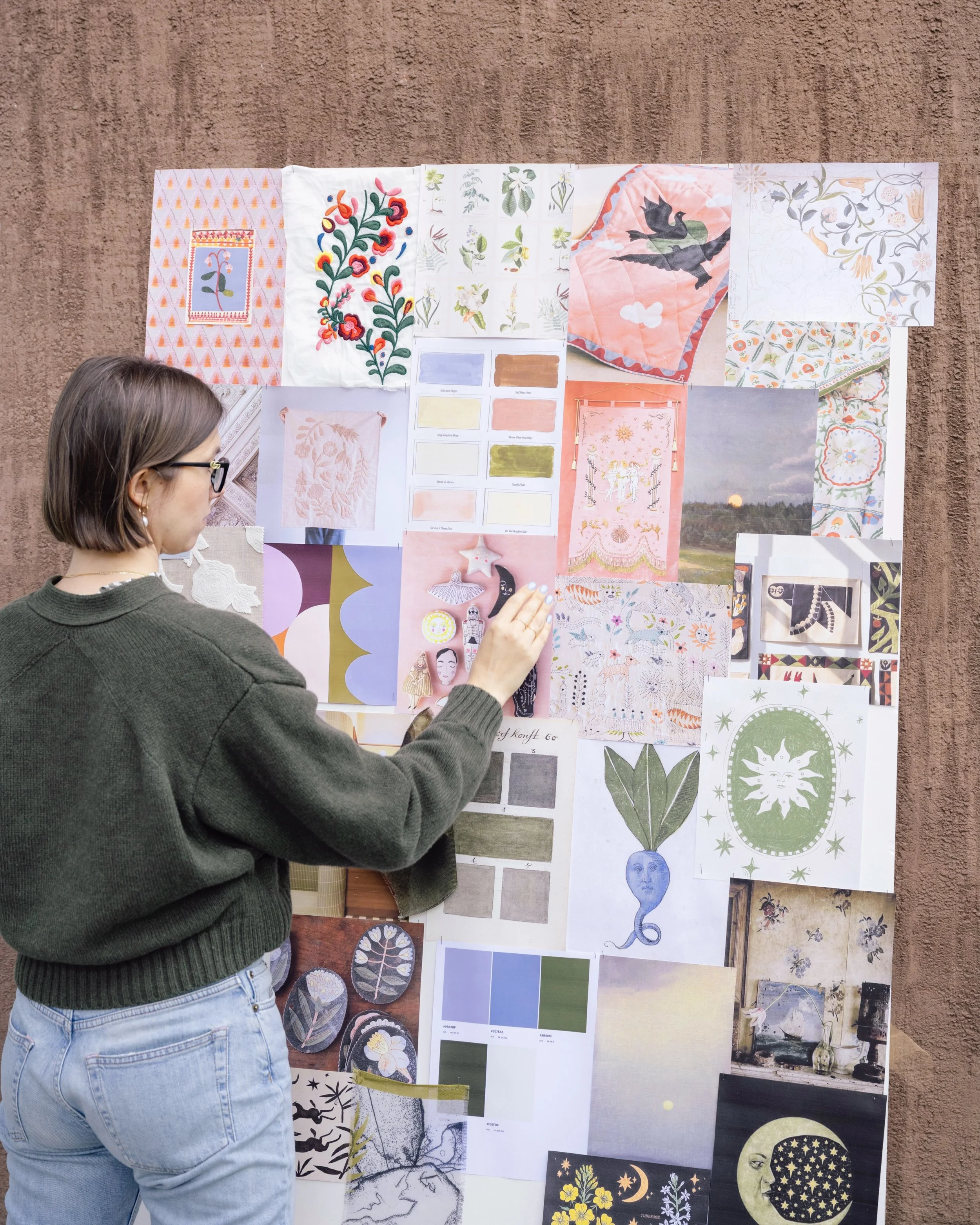 A little glimpse of the magical world behind the upcoming fabric collection. A moon and her stars, the softness of old woven stripes, a page of handmixed pigments, and a palette of greens, dustry blue, warm peach and terracotta. Each of these are tee