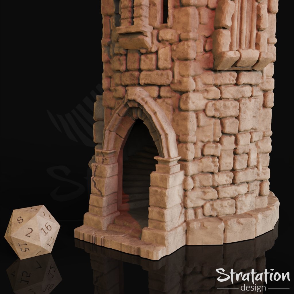 3d Printable Medieval Stone Dice Tower by Stratation Design, render zoomed dice exit facing left 45-degree