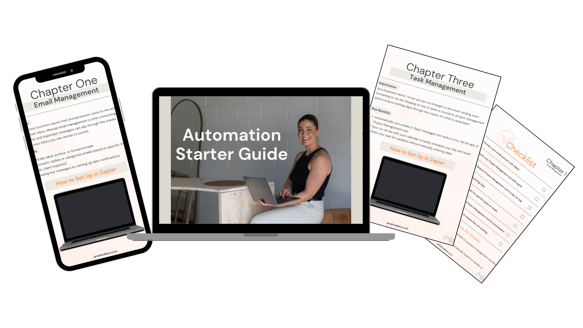 A laptop screen displaying a woman sitting at a desk with a smile, holding a laptop, with the text "Automation Starter Guide" on the screen behind her. There are also two papers showing chapters about email and task management, and a smartphone displaying a chapter about email management.