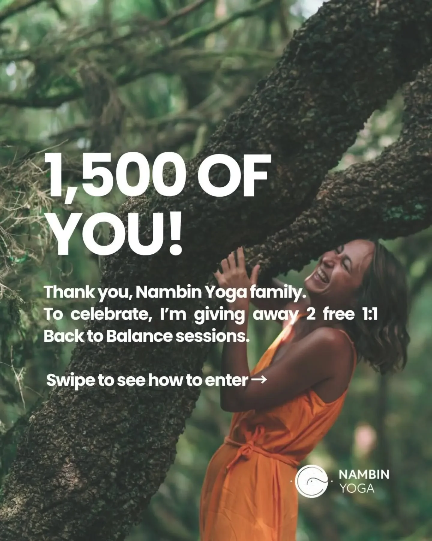 1,500 followers! 🎉 Thank you for being part of Nambin Yoga. To celebrate, I am giving away two 1:1 Back to Balance sessions. Follow, like, and tag a friend in the comments to enter. Winners announced on 15 November. Good luck! 🤍🧘&zwj;♀️

#yogagive