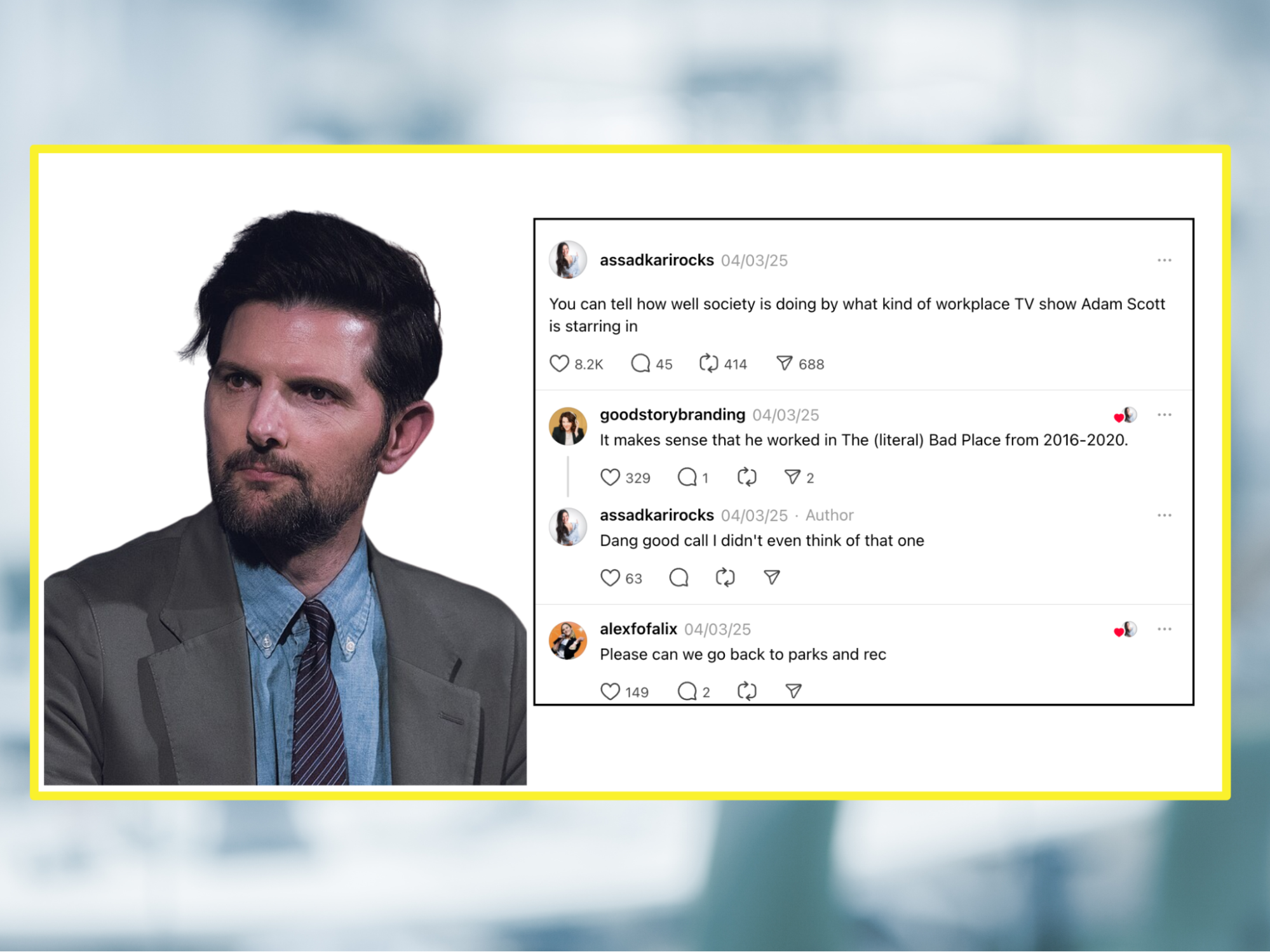 Profile photo of a man with a beard wearing a suit and tie next to a graphic cutout of a social media thread over a blurred-out gray background.