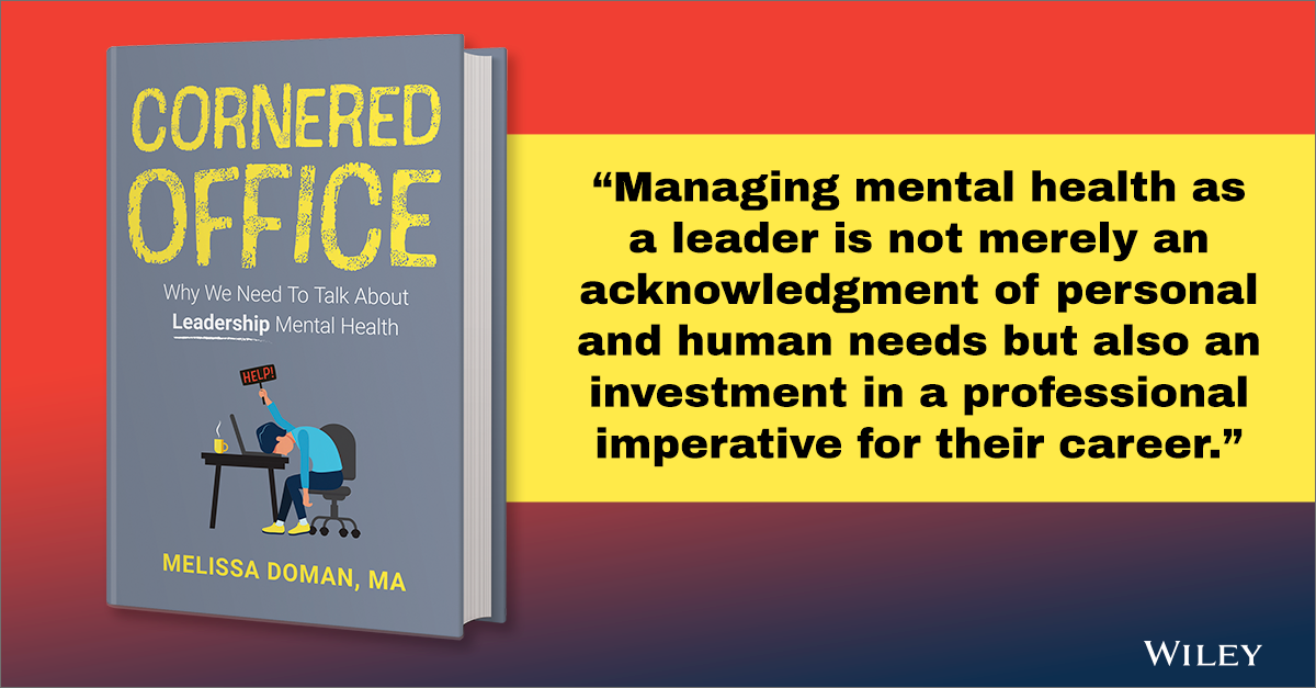 Book cover on the left with illustrated person at a desk. Right side has a quote from book laid on yellow banner. Red and purple gradient background.
