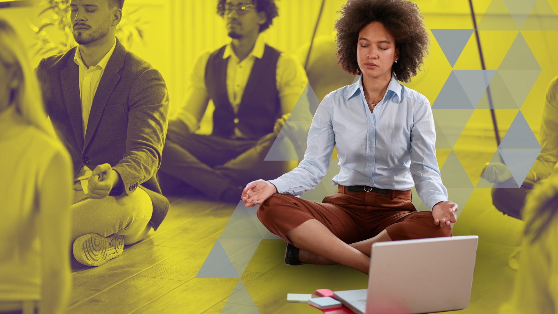 A Black woman in a blue button-up sits cross-legged on the floor, surrounded by gray triangles. The entire photo, except for the woman, is yellow and grey. Two men and a woman in professional wear sit nearby. Everyone's meditating.