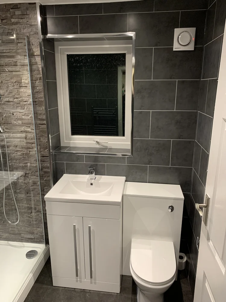 Wall-panelled bathroom installation, photograph 215