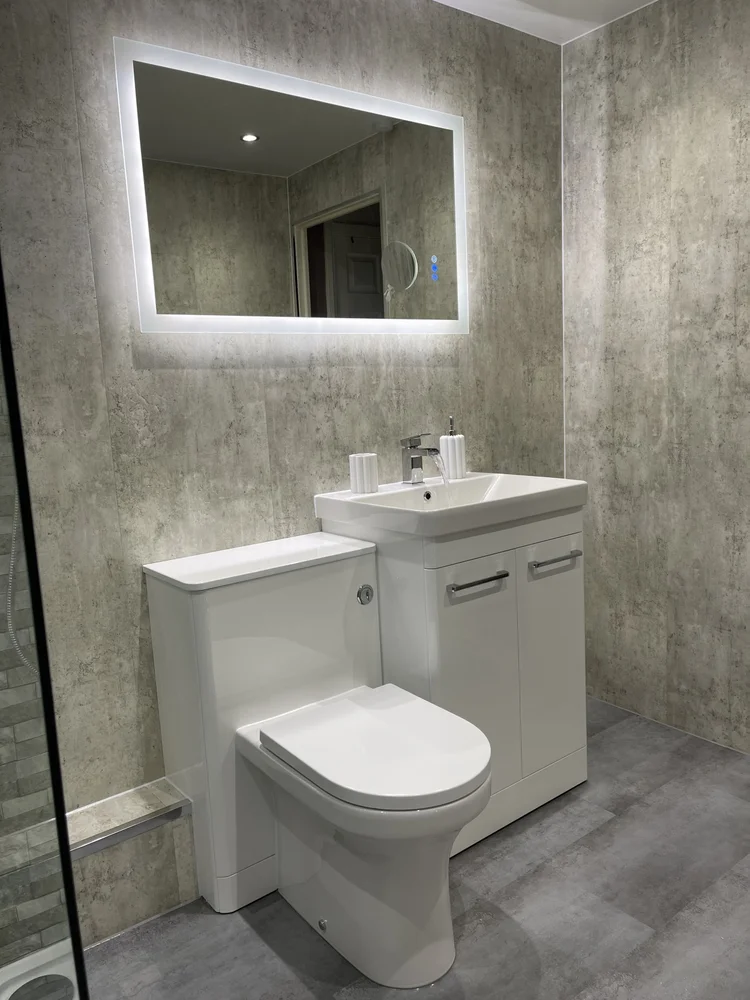 Wall-panelled bathroom installation, photograph 74