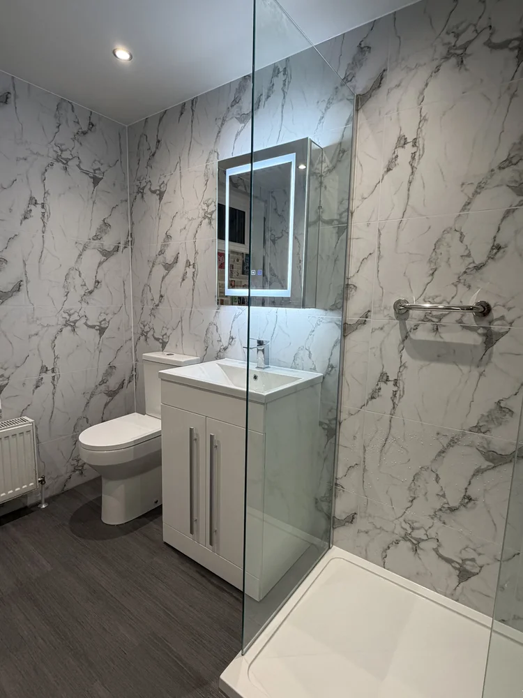 Wall-panelled bathroom installation, photograph 29