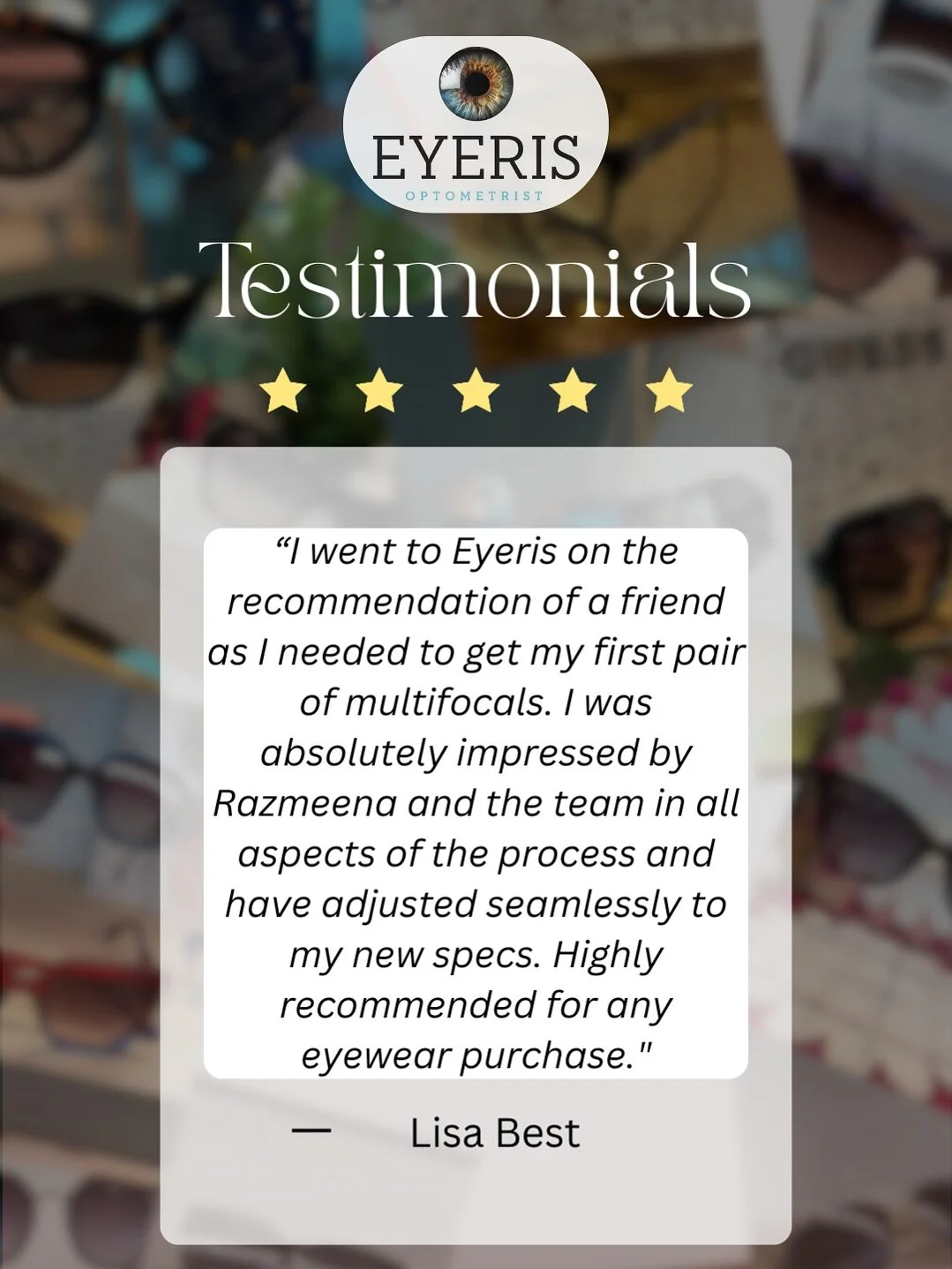 Here at Eyeris Optometrist, we are dedicated to delivering top notch service to the highest standards... Your satisfaction is our priority, and we want the best for you and your eye health! 🫵👀 We appreciate your kind words and positive feedback&hel