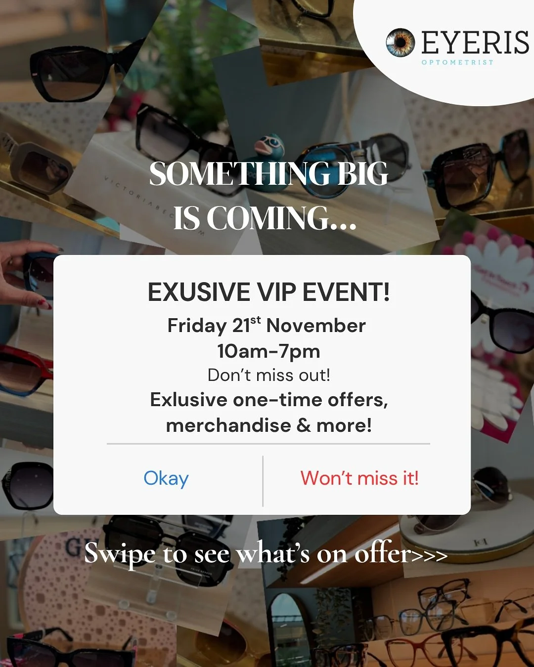 Exclusive VIP Event coming your way! 👀🎉 You don&rsquo;t miss out on this one&hellip; we&rsquo;ll see you in store on November 21st. Between 10am - 7pm! 
Swipe through to see what&rsquo;s on offer &gt;&gt;&gt;

#vipevent #zeiss #lafont #woodys #matt