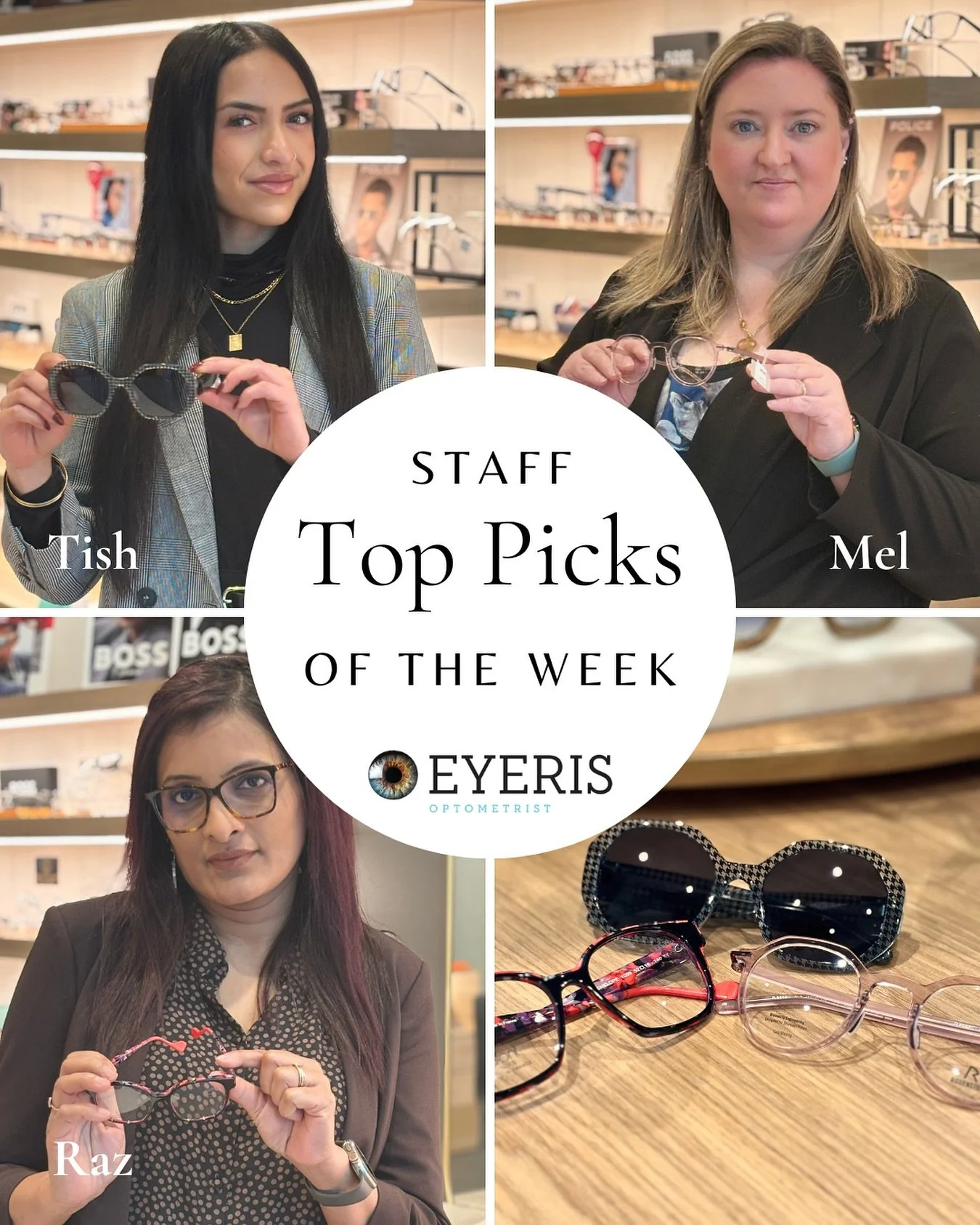 Our top picks! 👀✨ This week we have a bit of a mix of frames in some contrasting styles&hellip;. Who&rsquo;s pick do you fancy? 🫣

🌟Tish: Kate Spade - Elegant, statement sunnies in a rounded shape w/ black &amp; white crystal plaid pattern through