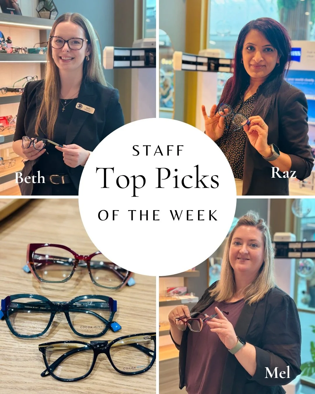 Staff Picks of the Week 🤎✨
Cocoa Mint is having a moment and here&rsquo;s a little sneak peek of what&rsquo;s coming next season 👀

🌟Beth&rsquo;s pick: Black Cocoa Mint with luxe gold trim - classic with a bold edge
🌟Raz&rsquo;s pick: Blur Crysta