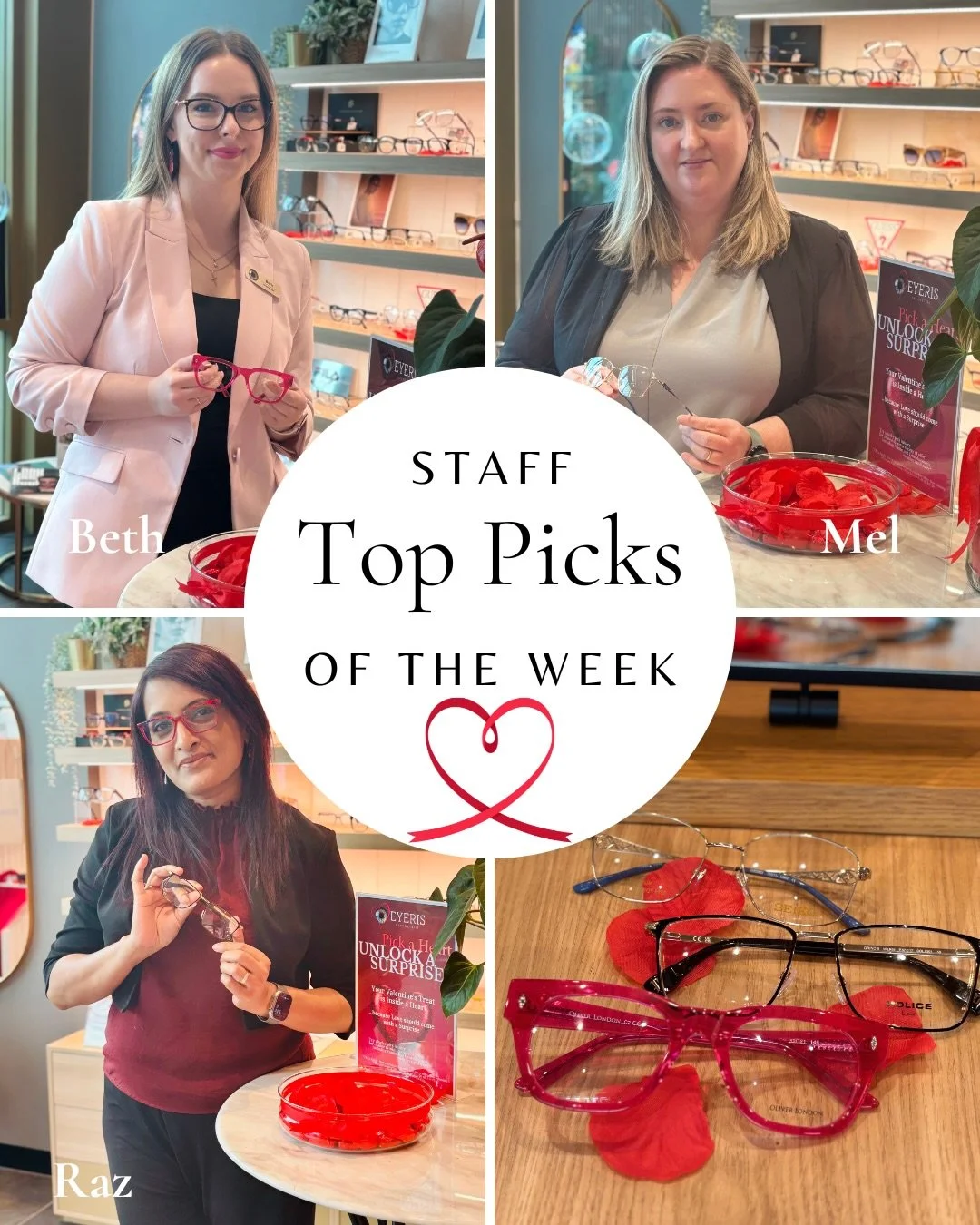 Falling in love with frames has never been easier&hellip; our team&rsquo;s heart-stealing picks are in 💖

💗 Beth: Oliver London- juicy bright pink crystal acetate (love at first sight)
💙 Mel: Seiko - elegant gold metal with enchanting blue tips
🖤