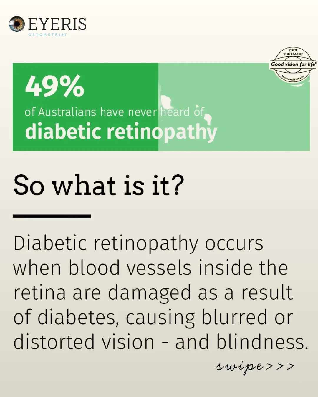 Diabetes can affect more than your blood sugar&hellip;
&hellip;it can affect your eyes. 👁️

Diabetic retinopathy is a common condition linked to diabetes, and it can develop without noticeable symptoms in the early stages.

Swipe through to learn:
&