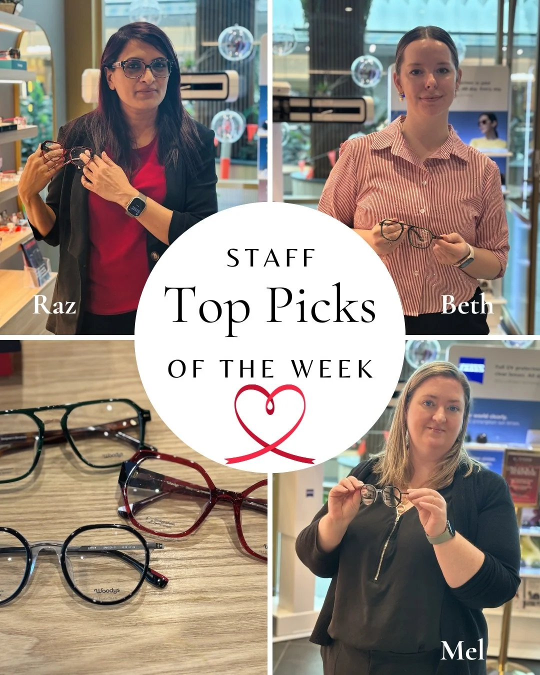 This week&rsquo;s Staff Top Picks are falling head over heels 💘
With a Valentine vibe and a little sneak peek at what&rsquo;s coming soon from Woodys Eyewear 👀✨

❤️ Raz: Bold geometric Woodys in a deep cherry tone, kissed with hints of blue and bla