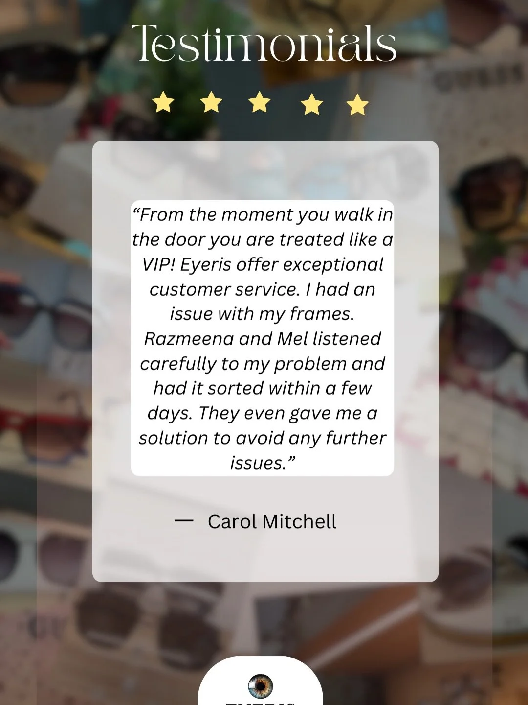 Seeing clearly is one thing&hellip; feeling cared for is everything 🤍
We&rsquo;re so grateful for our wonderful customers who take the time to share their experiences with Eyeris Optometrist. Your kind words mean the world to our team and remind us 