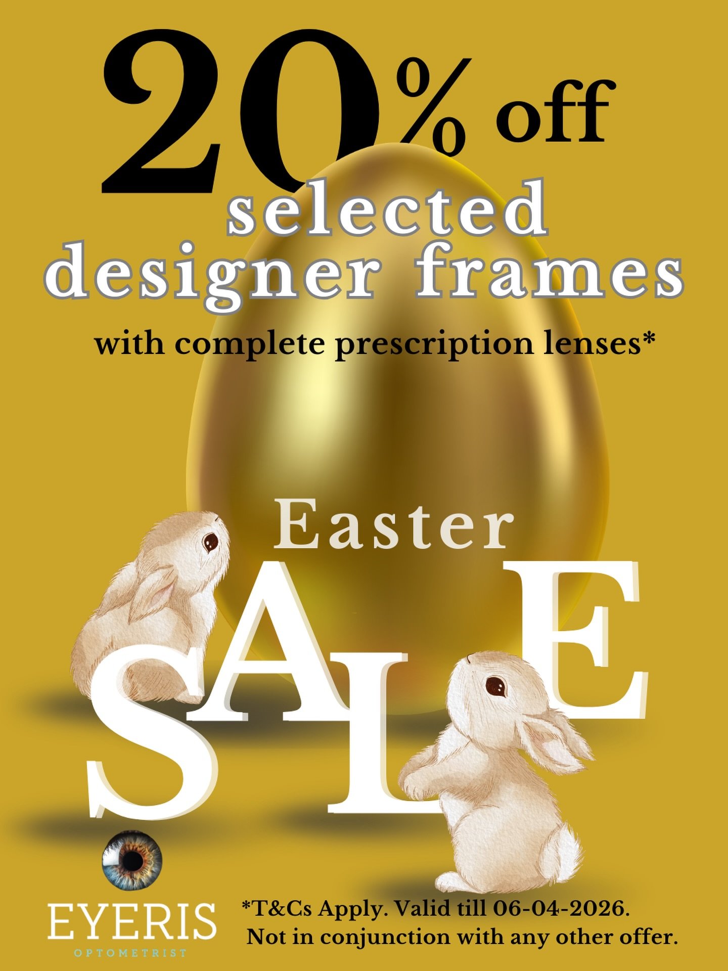 🐣✨ Easter just got more stylish! ✨🐣
Enjoy 20% OFF designer frames when purchased with complete prescription lenses at Eyeris Optometrist.

It&rsquo;s the perfect time to refresh your look and upgrade your vision but hop in quick, offer ends 06&midd