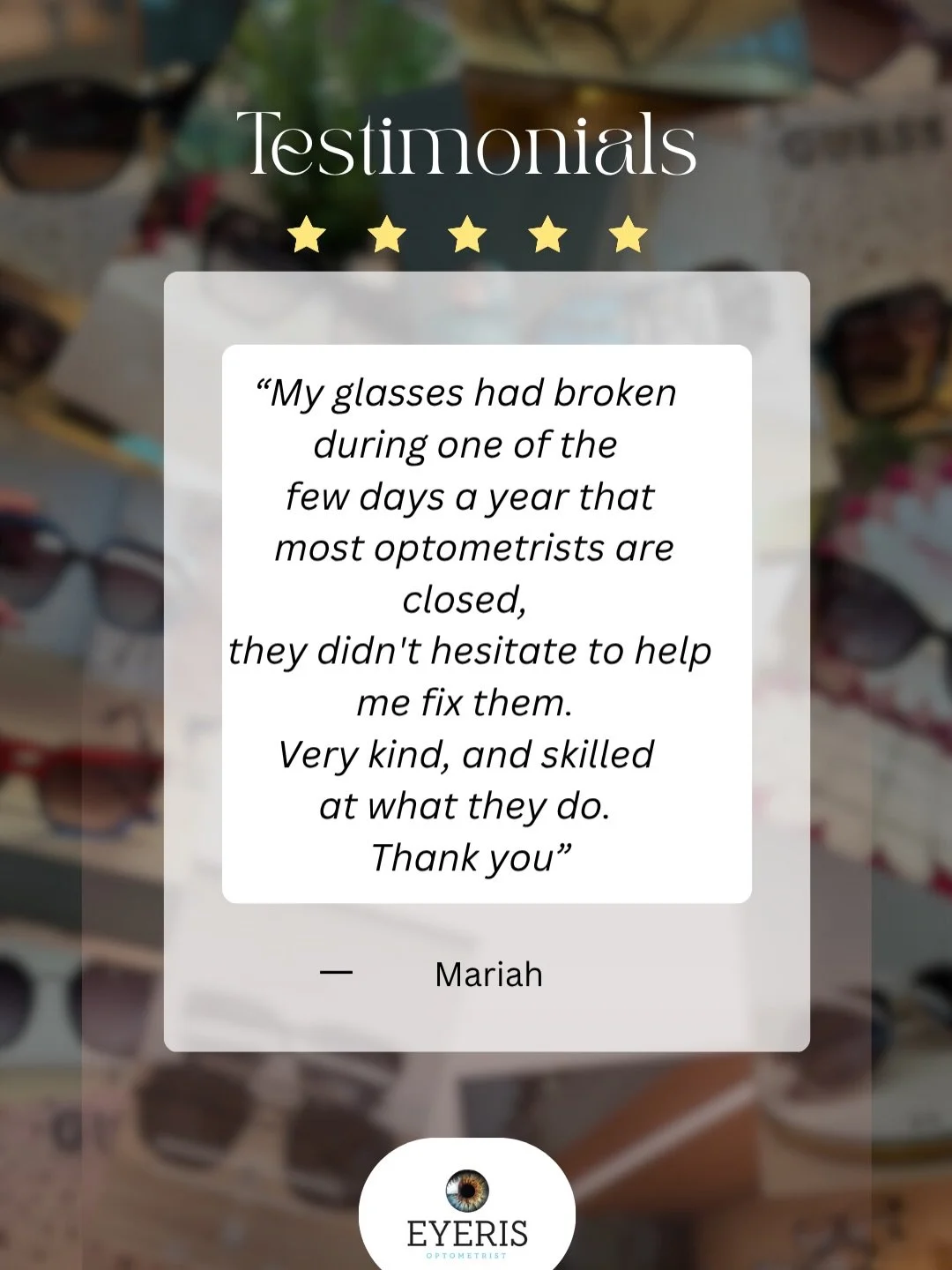 Seeing clearly is one thing&hellip;feeling genuinely cared for is everything 🤍
Our patients&rsquo; words mean the world to us, and we&rsquo;re so grateful for the trust you place in Eyeris Optometrist every day.

Thinking about your next eye check o