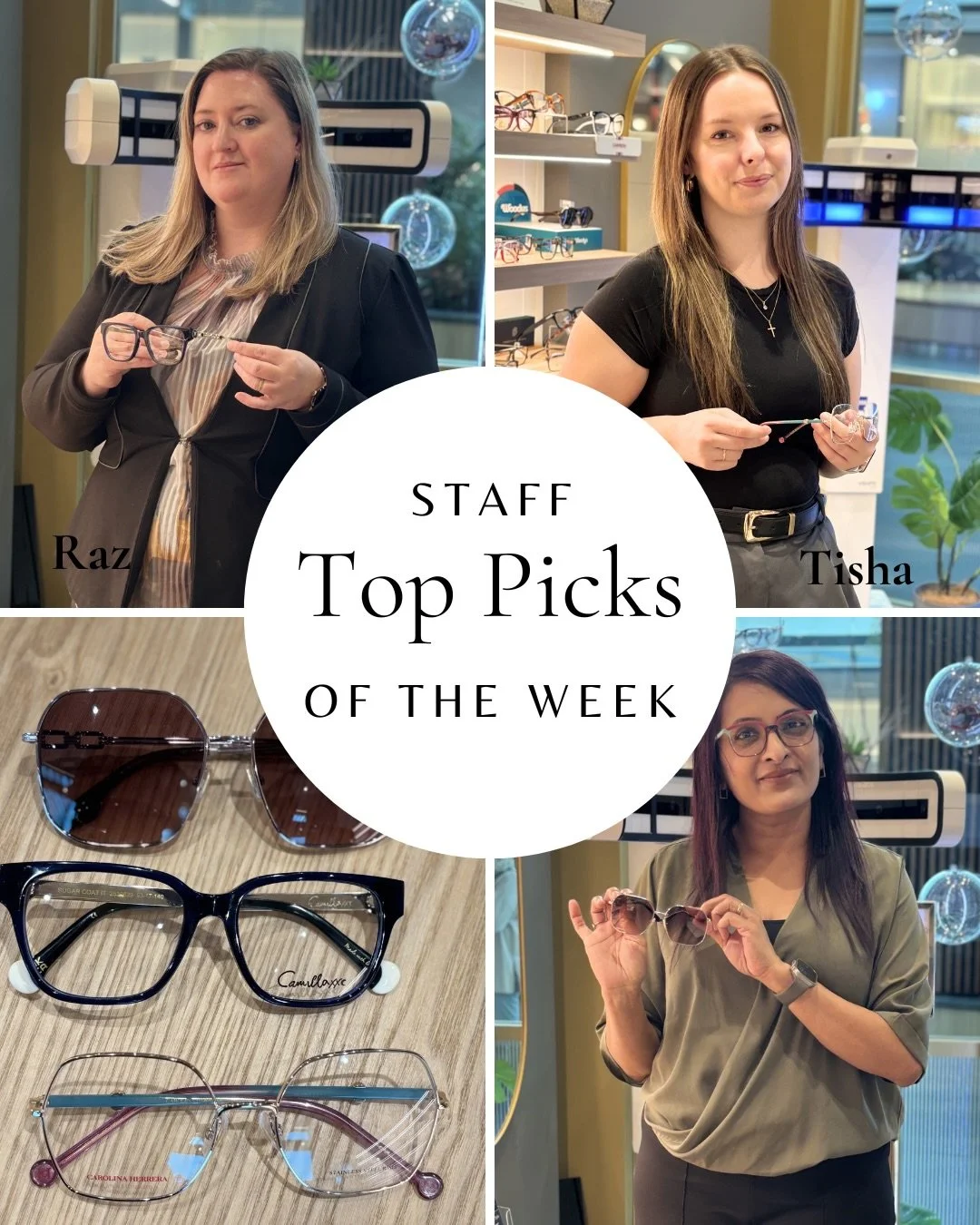 👓 This Week&rsquo;s Staff Favourites 👓
Because great style always starts with a great frame!

🌟Mel: Midnight Camilla with blinged-up arms -bold, glam, unforgettable
🌟Beth: Classic gold Carolina Herrera with fun pops of colour -playful elegance
🌟