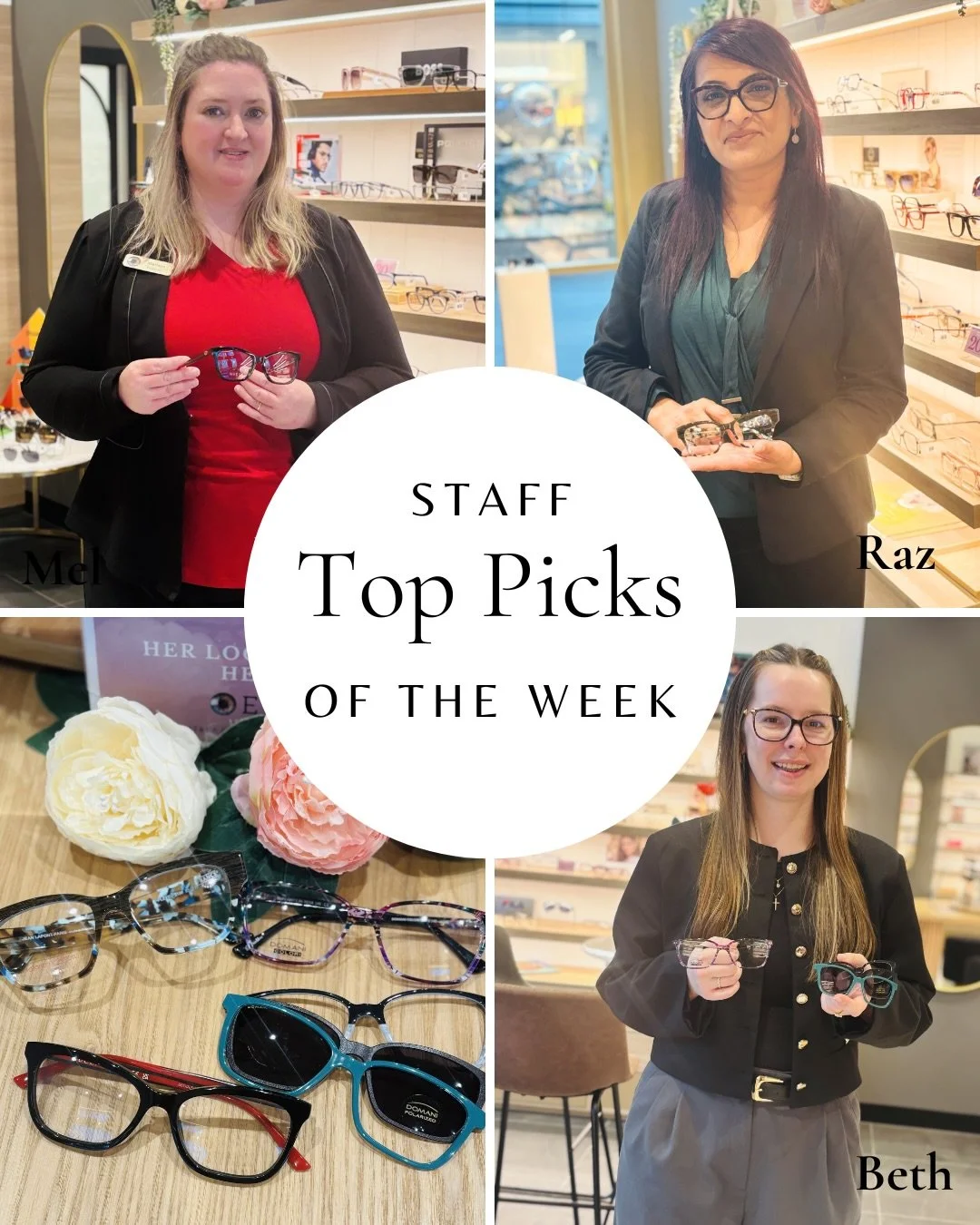 👓 Staff Favourites This Week 👓

Because great style starts with the right frames ✨

🌟Mel: Classic black &amp; burgundy Gucci- effortless elegance
🌟Raz: Brown with blue highlights by Lafont- refined with a pop of colour
🌟Beth: Purple patterned Kl