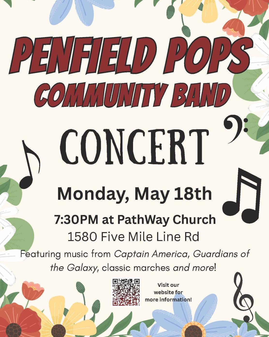 Mark your calendars! 📅

Next Monday May 18th, the Penfield Pops will be performing live at our church for a free community concert at 7:30pm. Everyone is welcome, come enjoy a fun evening of music with us!