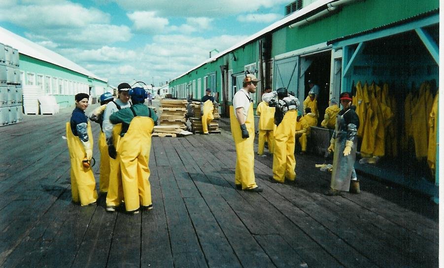 Break time on the docks of an Alaskan fish cannery