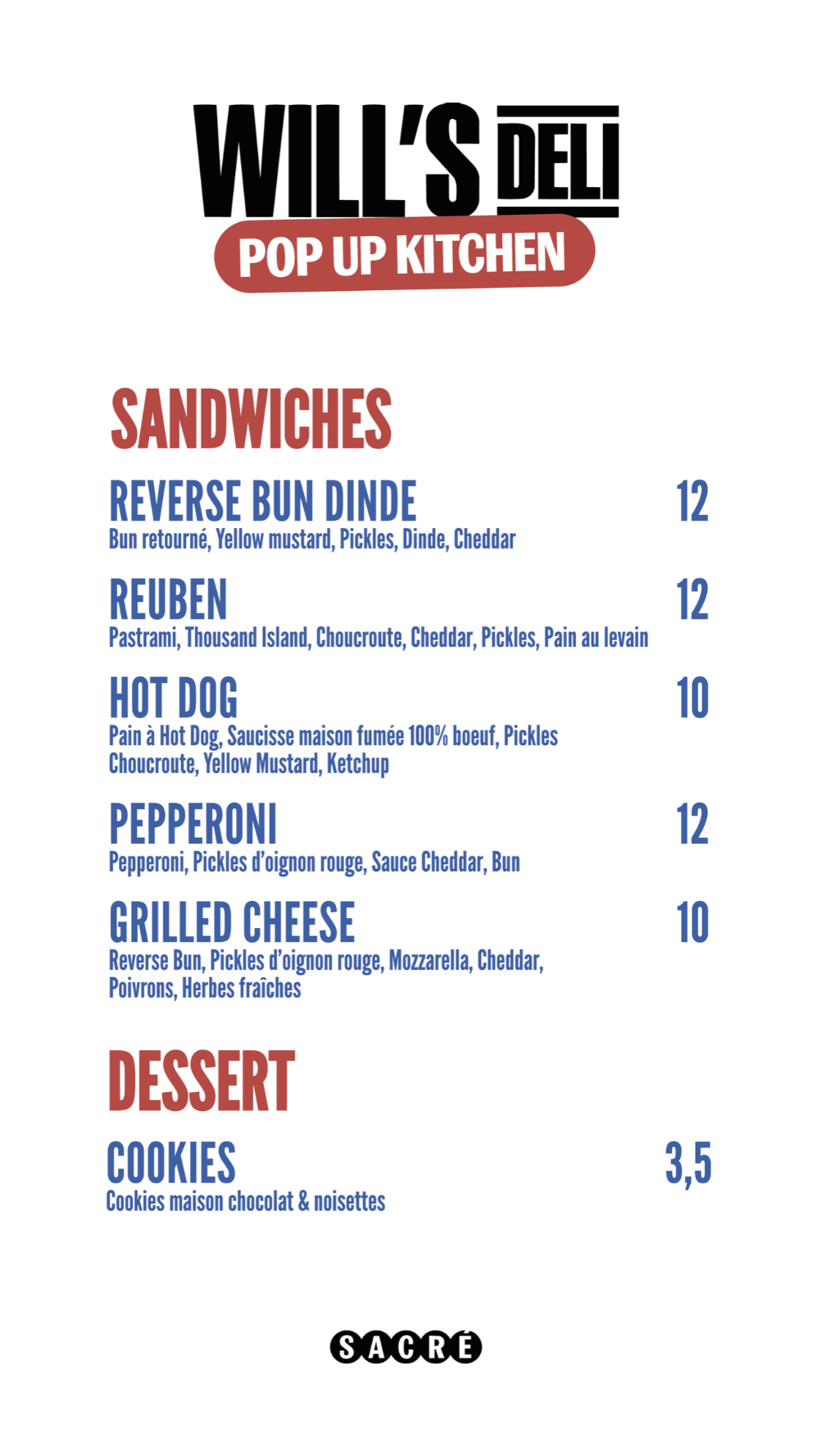 Menu de restaurant avec options de sandwiches et desserts, comprenant des descriptions et prix.