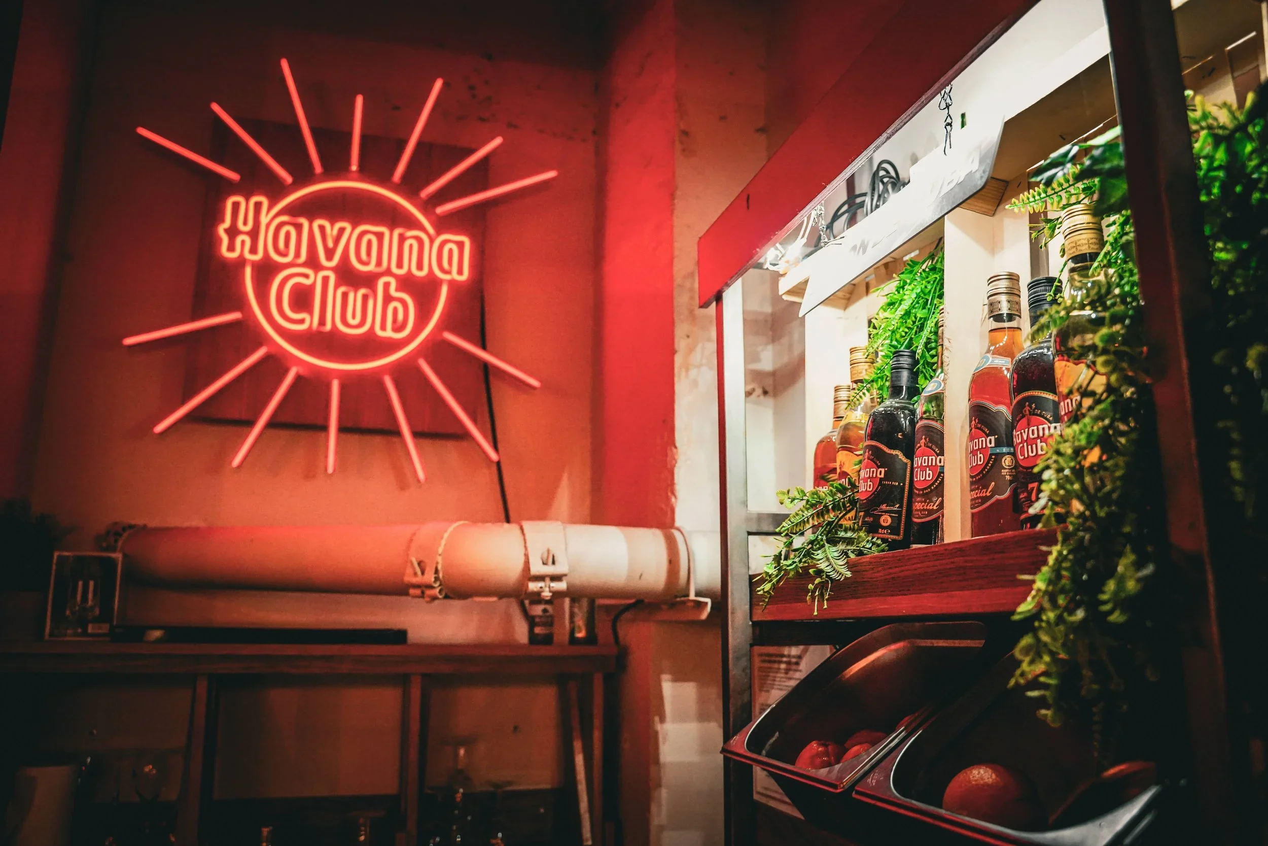 Sign neon rouge lumineux indiquant 'Havana Club' dans un espace intérieur, avec des bouteilles de sirop ou alcool, des plantes vertes et un bar en arrière-plan.