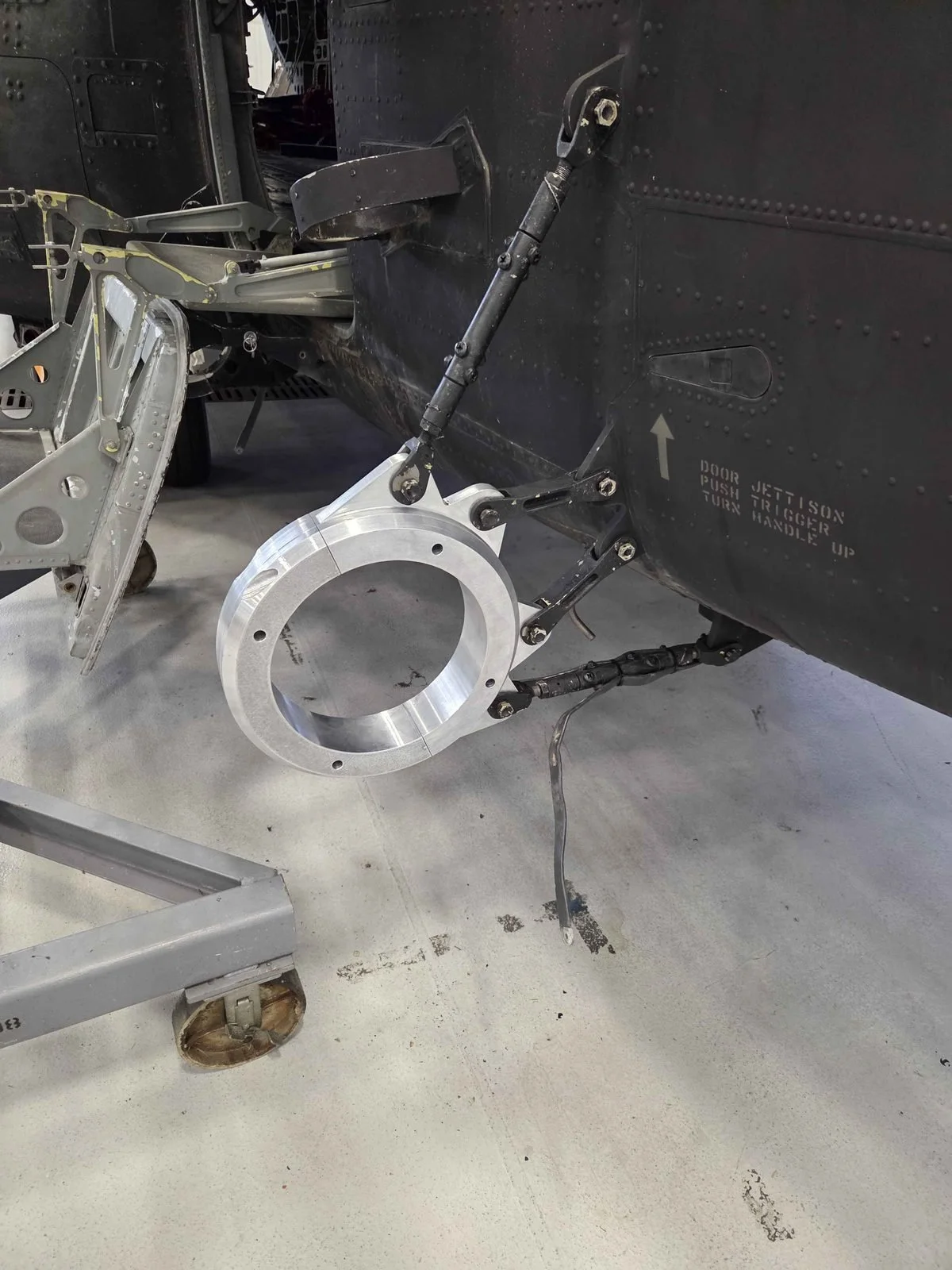 Machined aluminum refueling probe mount installed on a CH-47 Chinook helicopter, made at PIE Weld & Machine in Cecil County, MD
