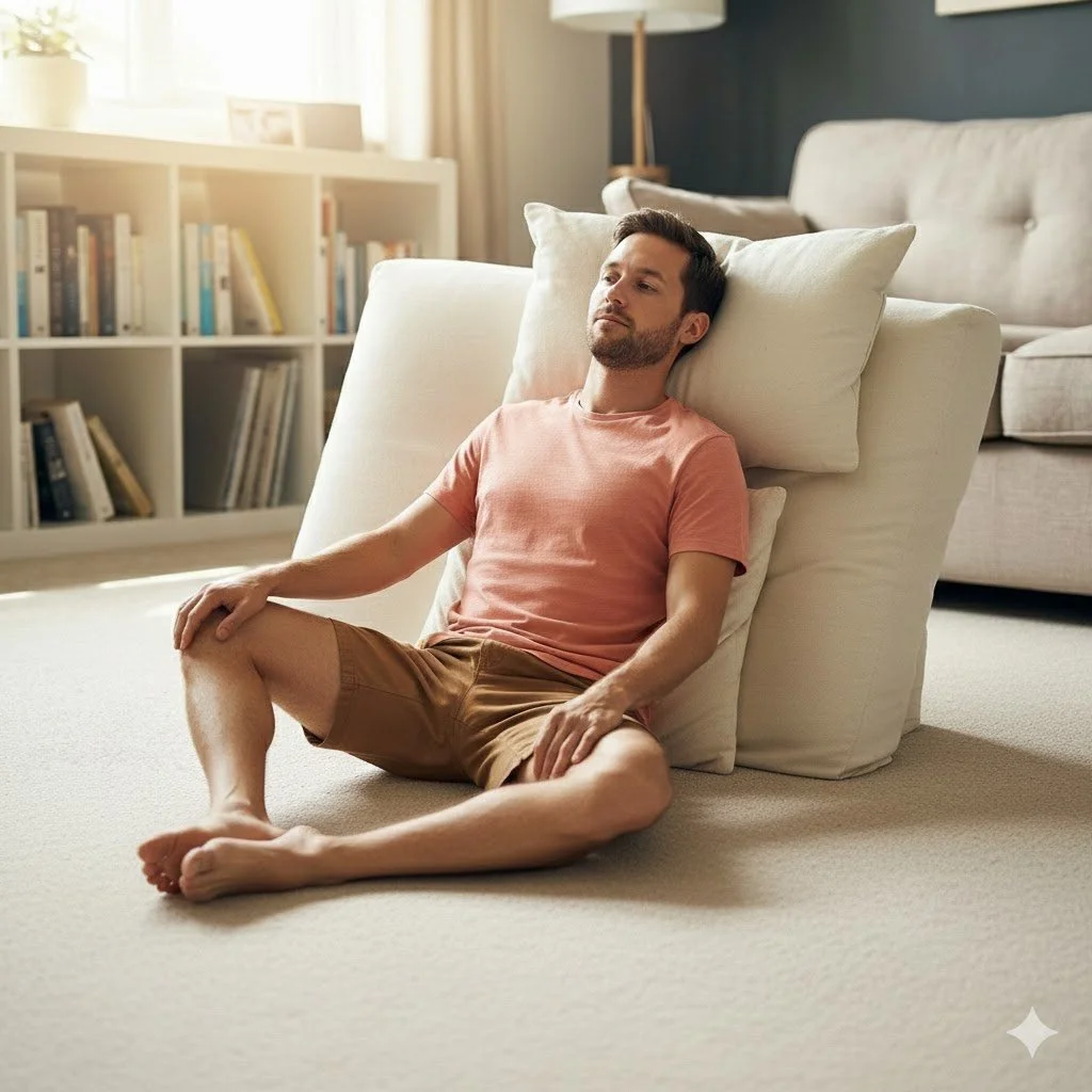 A man sits on the floor with a large cushion behind his back, relaxing in a cozy living room with a bookshelf and a side table in the background.
