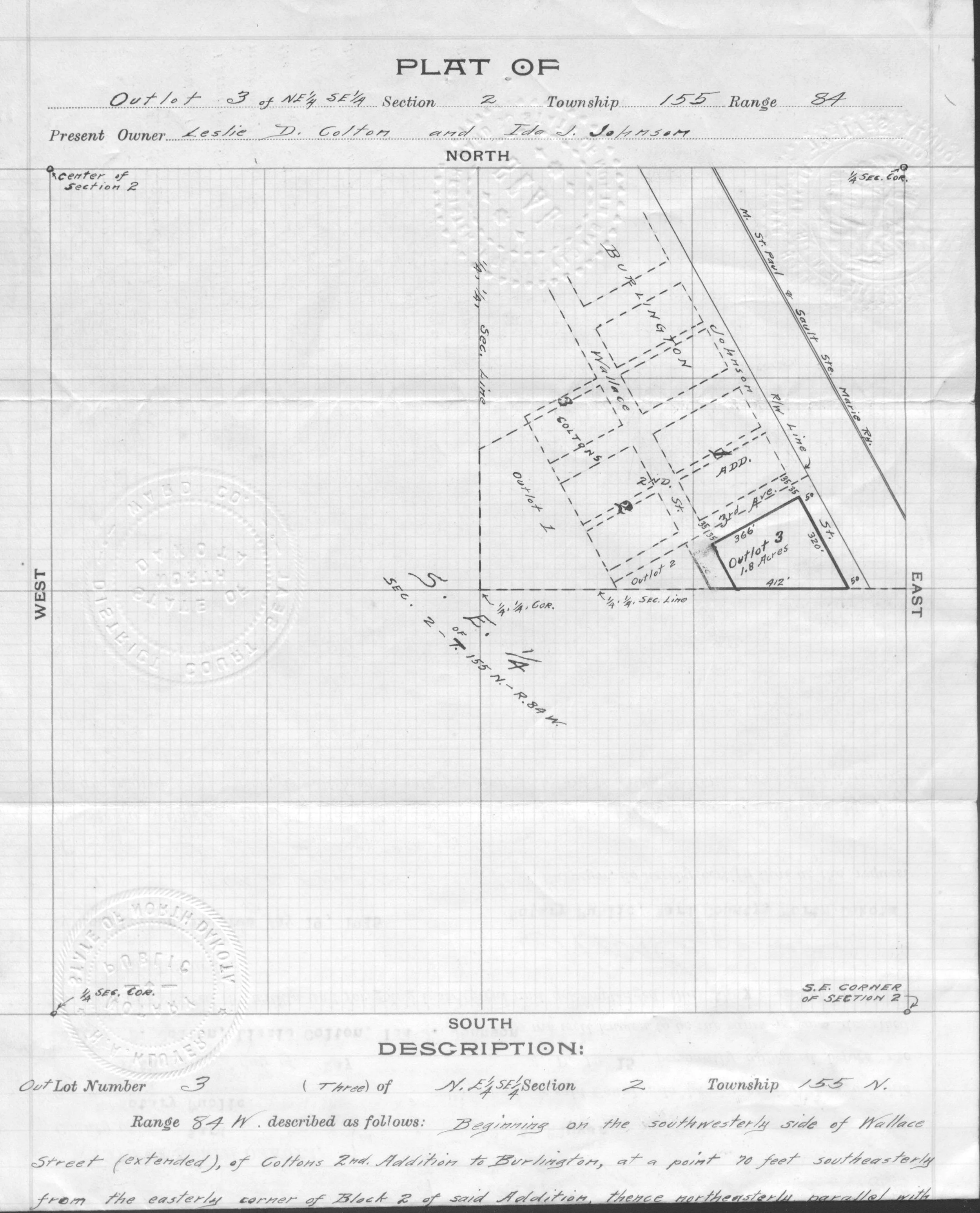 Plat of Burlington, ND - Owners Leslie D. Colton & Ida J. Johnson