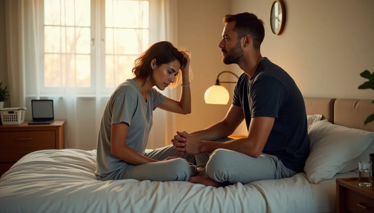 Busy couple in bed navigating emotional connection, stress, exhaustion, and different sexual desire in a long-term relationship