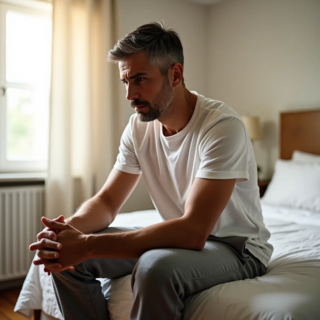 Man sitting alone on the edge of a bed looking worried about erectile dysfunction
