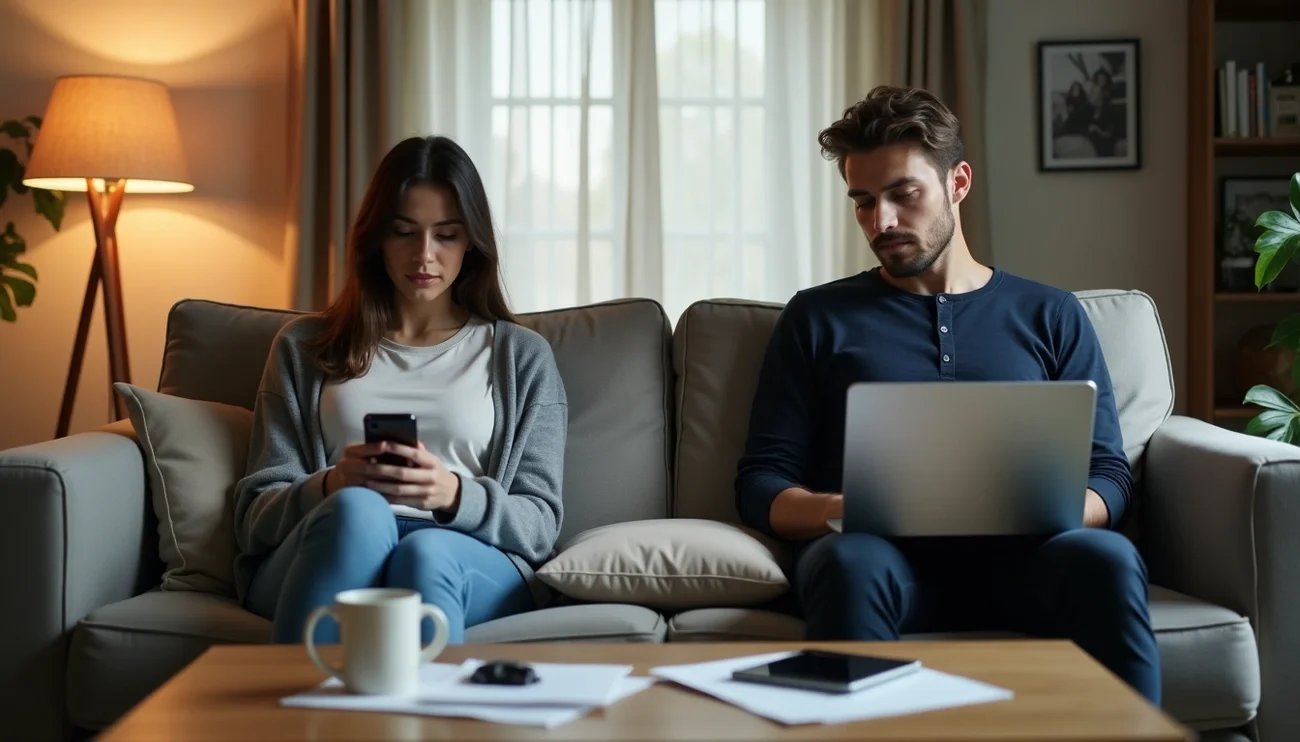 Emotionally distant couple sitting apart on a couch, appearing disconnected like roommates in a long-term relationship