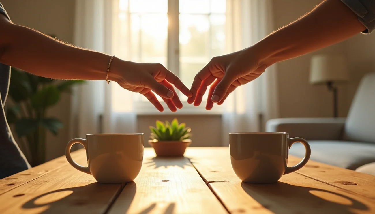 Two partners sitting across from each other reaching hands toward one another over coffee, symbolizing emotional reconnection and repair during affair recovery