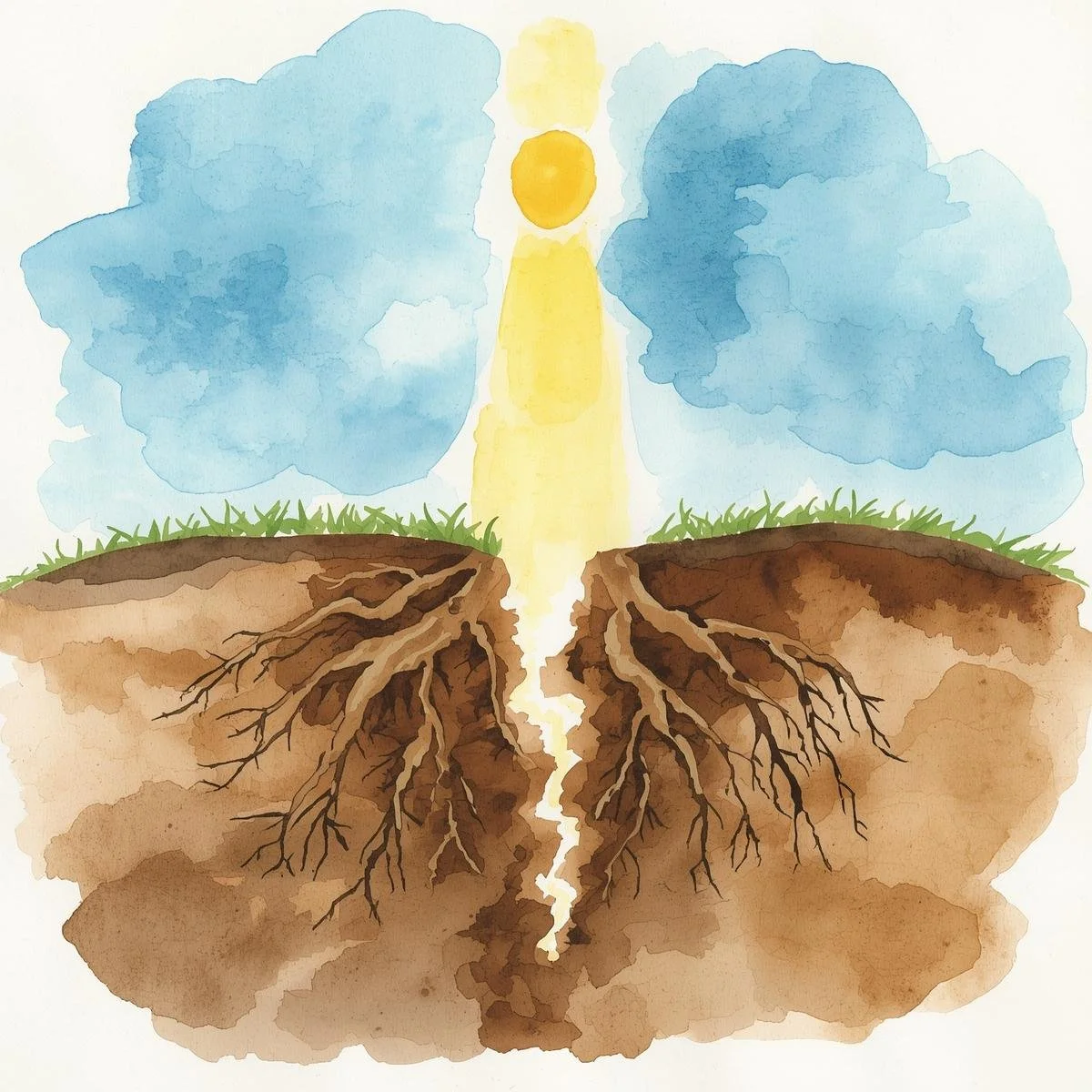 Watercolor illustration showing two figures separated by a crack in the ground, symbolizing emotional separation and conscious uncoupling