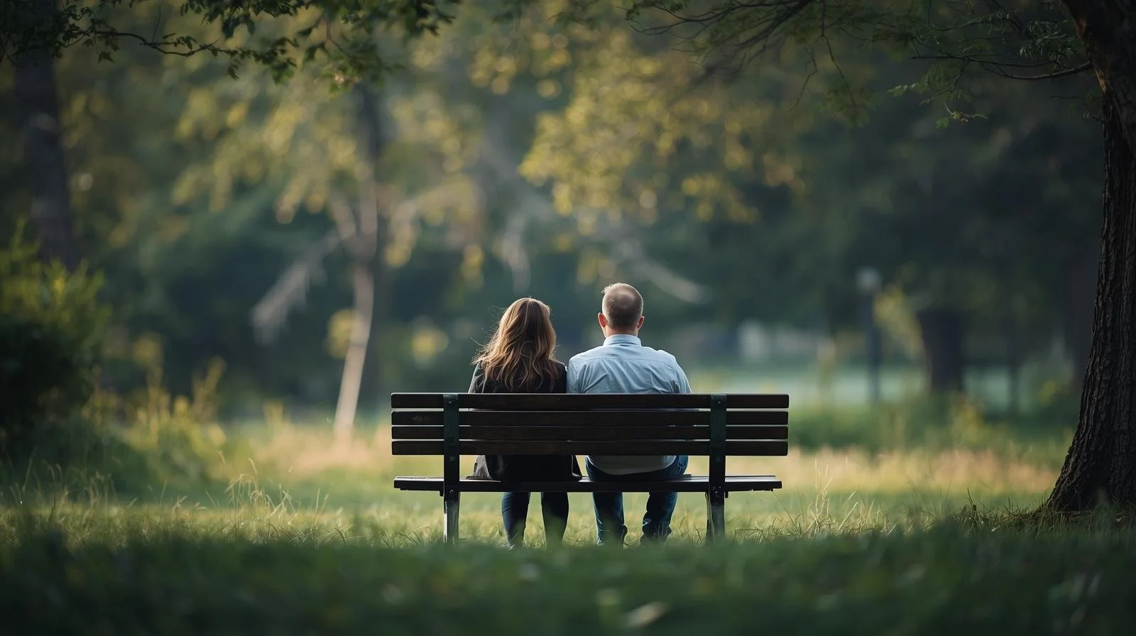 Couple sitting quietly on a park bench, representing reflection and emotional distance while deciding the future of a relationship.