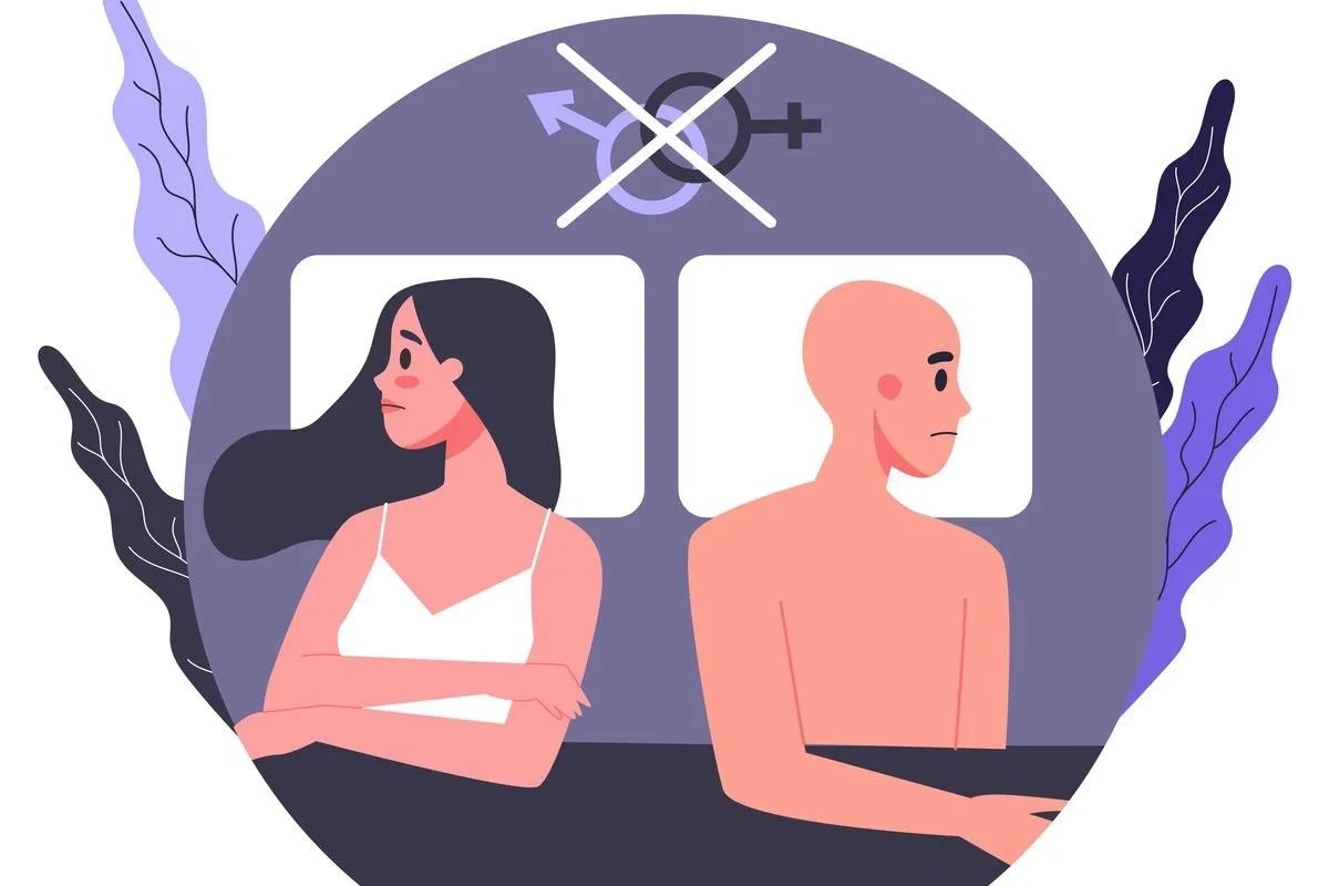 Couple lying back-to-back in bed, looking unhappy and disconnected, symbolizing relationship strain and sexual difficulties.