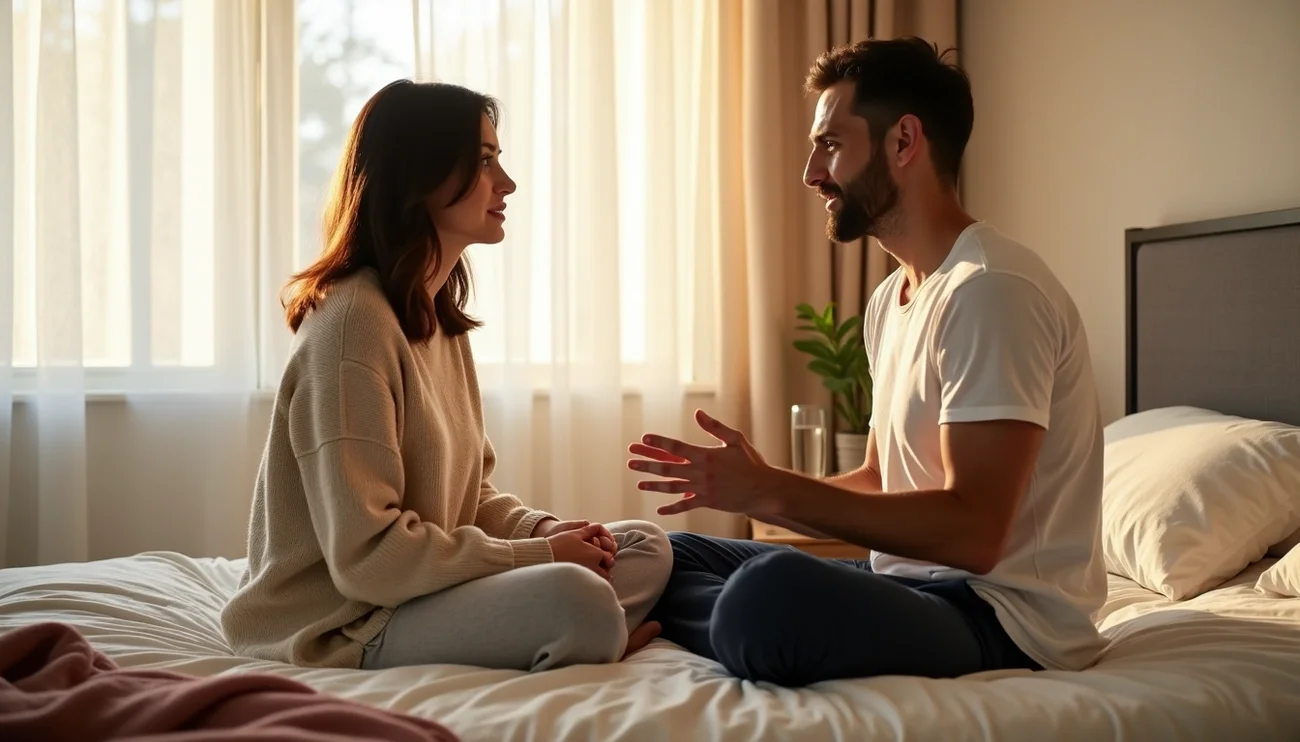 Couple sitting on bed having an open conversation about sexual boundaries and intimacy