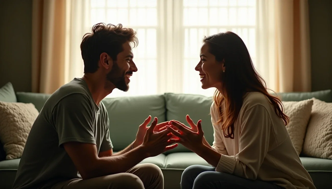 Couple engaging in open communication during a couples therapy conversation, illustrating emotional safety and relationship support in Virginia and Washington, DC