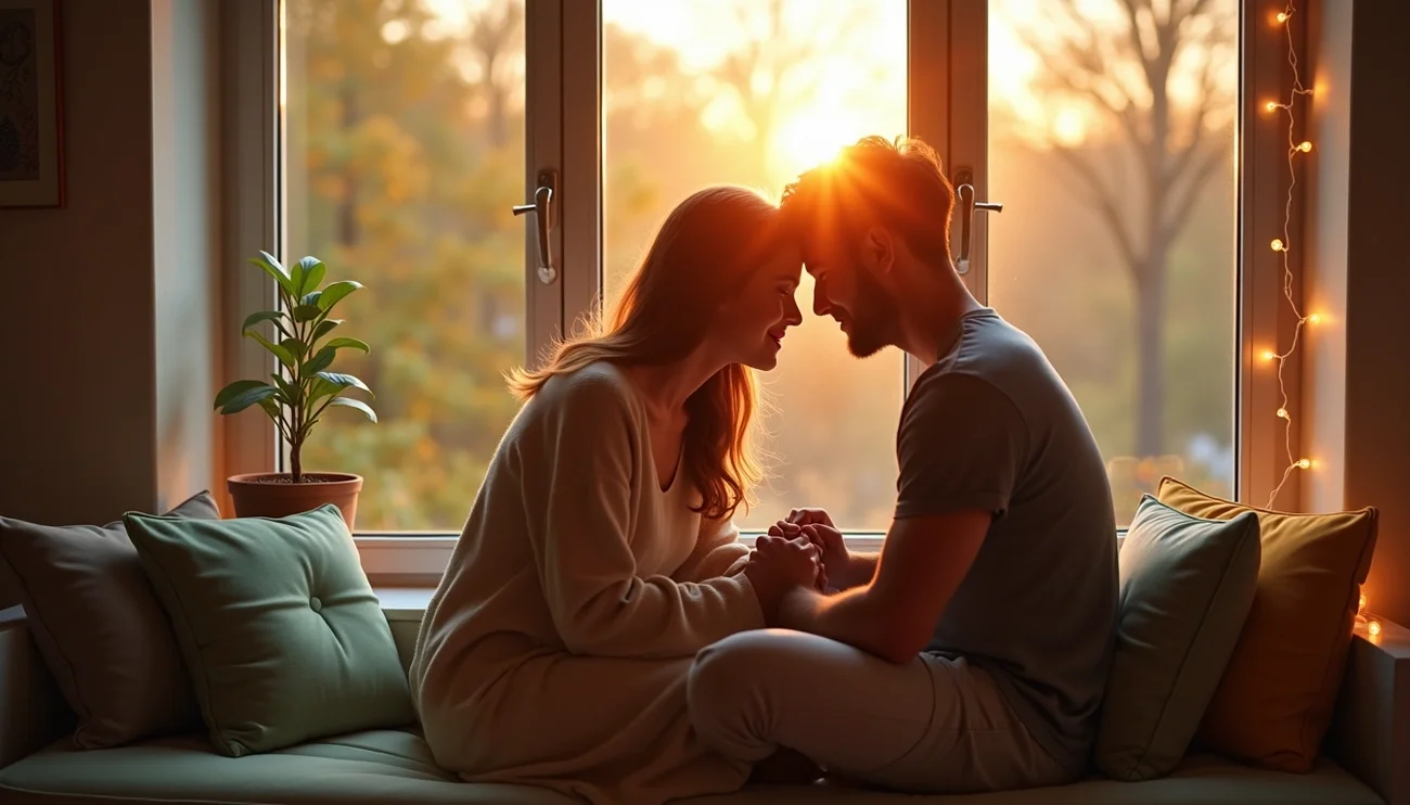 A couple smiling and touching foreheads, representing emotional intimacy and connection in a healthy relationship.