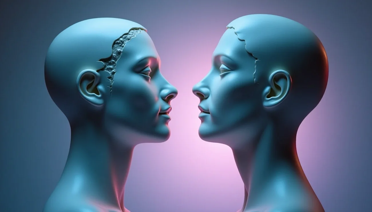 Two sculpted human faces with visible cracks staring at each other, symbolizing the connection between mental health struggles and sexual intimacy