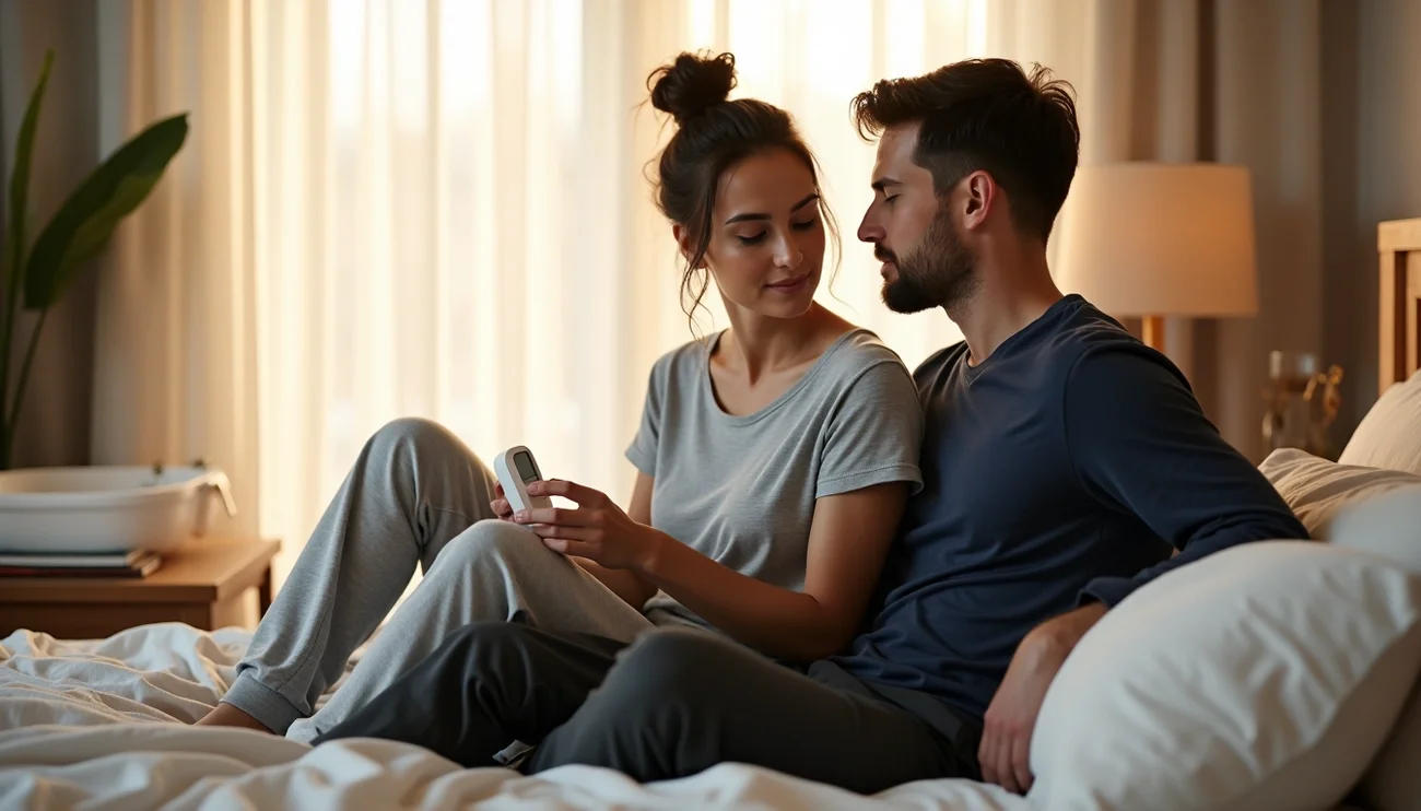 Couple lying close together on a bed sharing an intimate moment while reconnecting after having a baby.